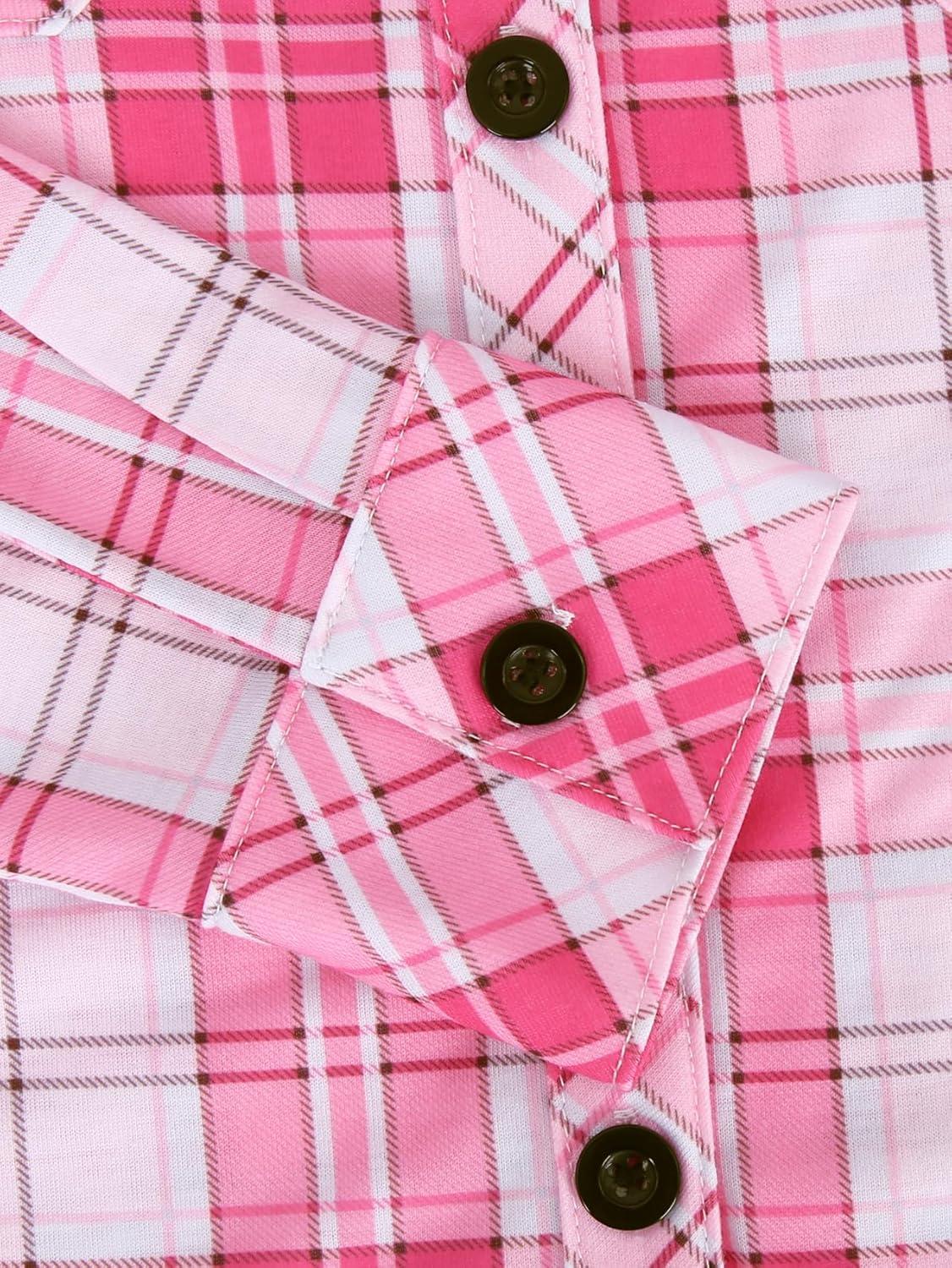 image:imageDJT Womens Soft Stretchy Knit Plaid Shirts Roll Up Long Sleeve Collared Button Down Blouses TopsVibrant Pink