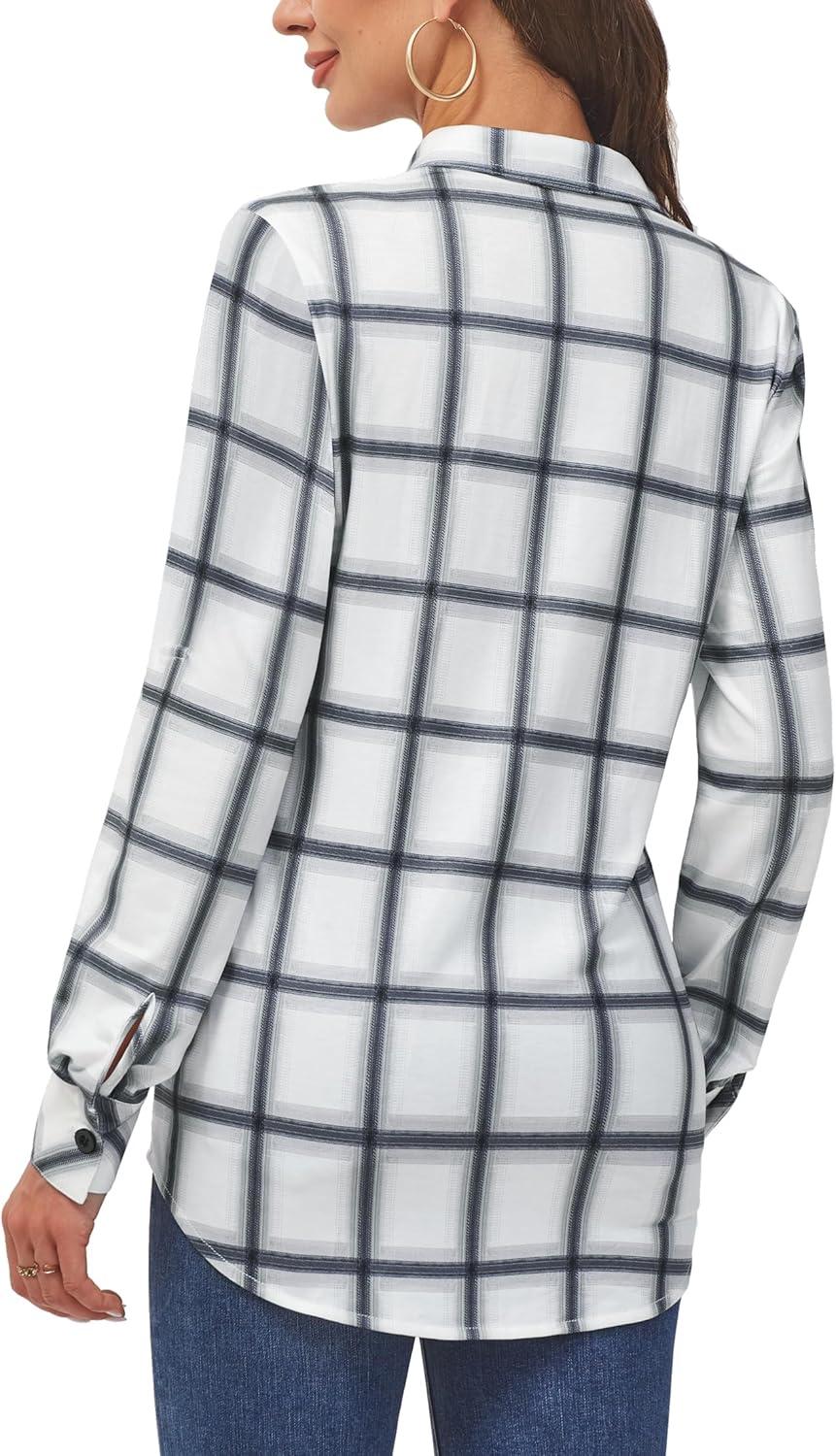 image:imageDJT Womens Soft Stretchy Knit Plaid Shirts Roll Up Long Sleeve Collared Button Down Blouses TopsWhite Plaid