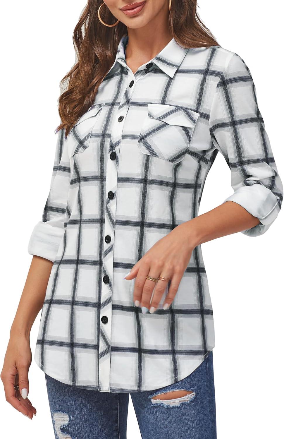 image:imageDJT Womens Soft Stretchy Knit Plaid Shirts Roll Up Long Sleeve Collared Button Down Blouses TopsWhite Plaid