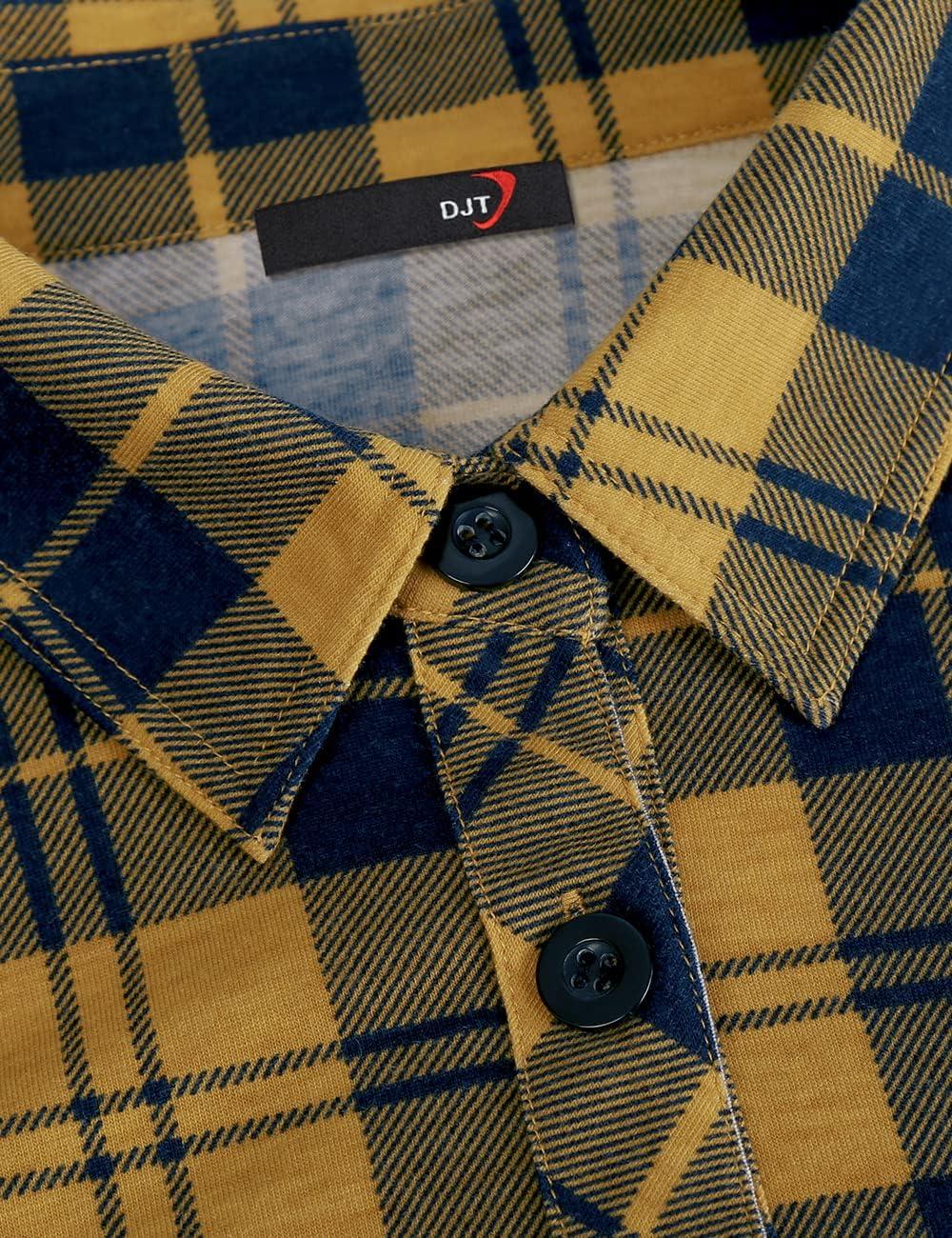 image:imageDJT Womens Soft Stretchy Knit Plaid Shirts Roll Up Long Sleeve Collared Button Down Blouses TopsYellow Navy Plaid