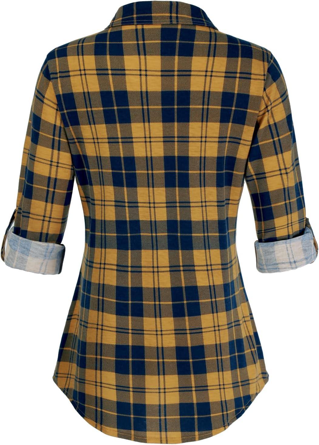image:imageDJT Womens Soft Stretchy Knit Plaid Shirts Roll Up Long Sleeve Collared Button Down Blouses TopsYellow Navy Plaid