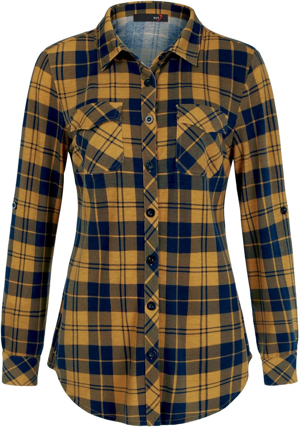 image:imageDJT Womens Soft Stretchy Knit Plaid Shirts Roll Up Long Sleeve Collared Button Down Blouses TopsYellow Navy Plaid