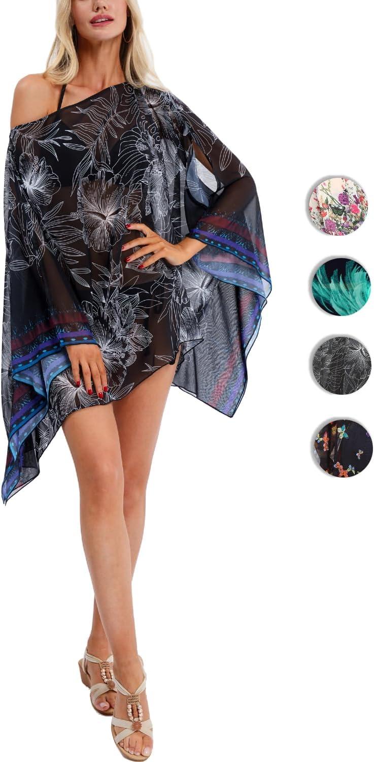 image:imageDJT Womens Summer Beach Bikini Bathing Suit Cover Ups Swimsuit Coverup for Women Chiffon Blouses Tunic TopBlack White Flowers
