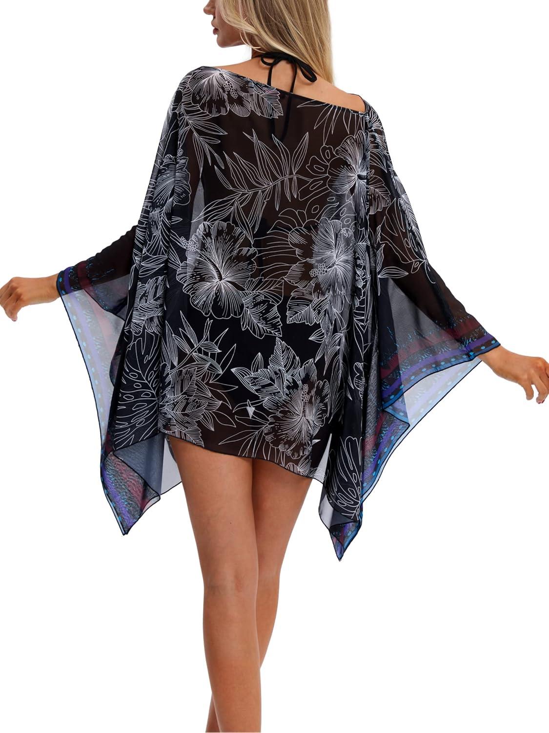 image:imageDJT Womens Summer Beach Bikini Bathing Suit Cover Ups Swimsuit Coverup for Women Chiffon Blouses Tunic TopBlack White Flowers