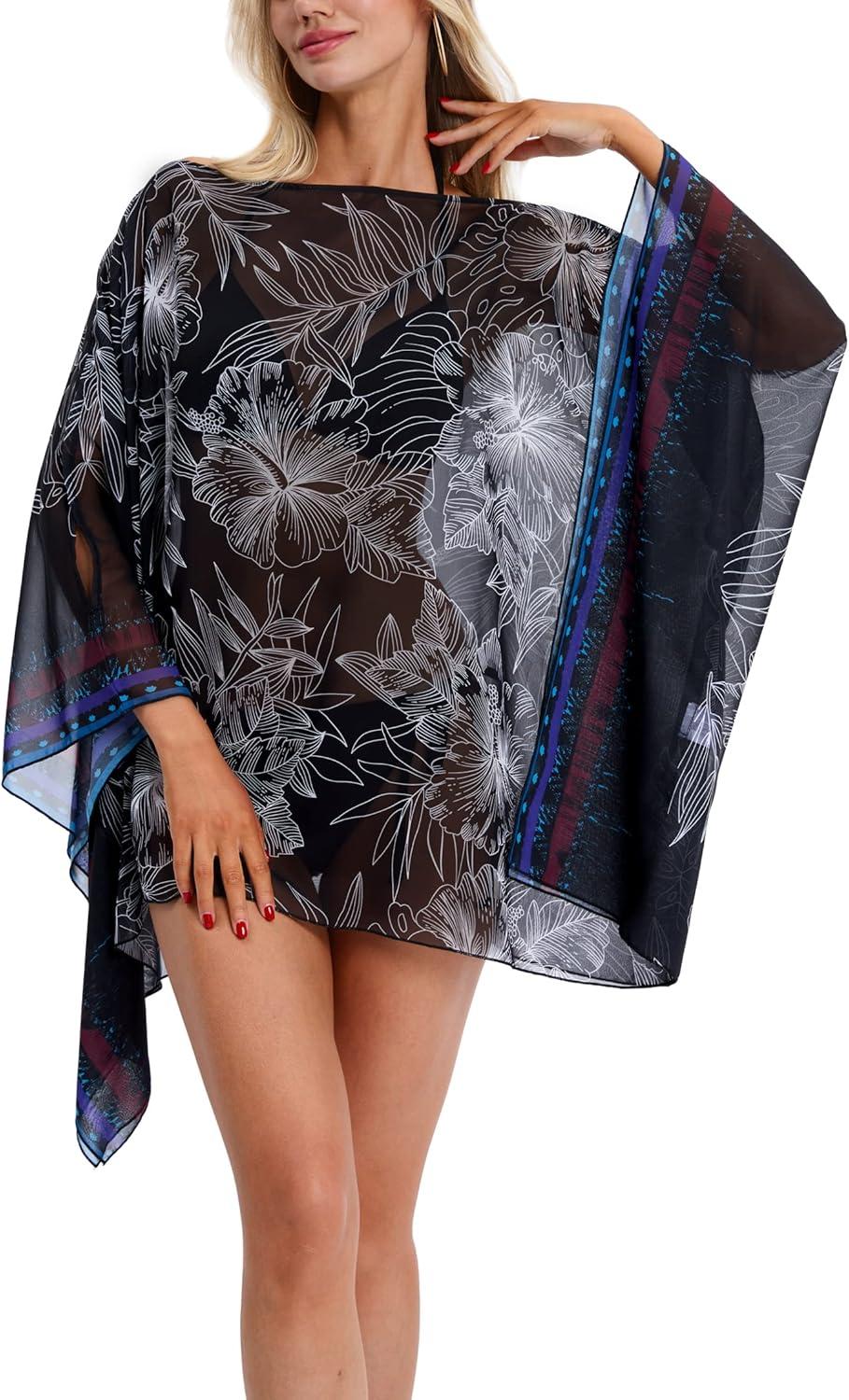 image:imageDJT Womens Summer Beach Bikini Bathing Suit Cover Ups Swimsuit Coverup for Women Chiffon Blouses Tunic TopBlack White Flowers