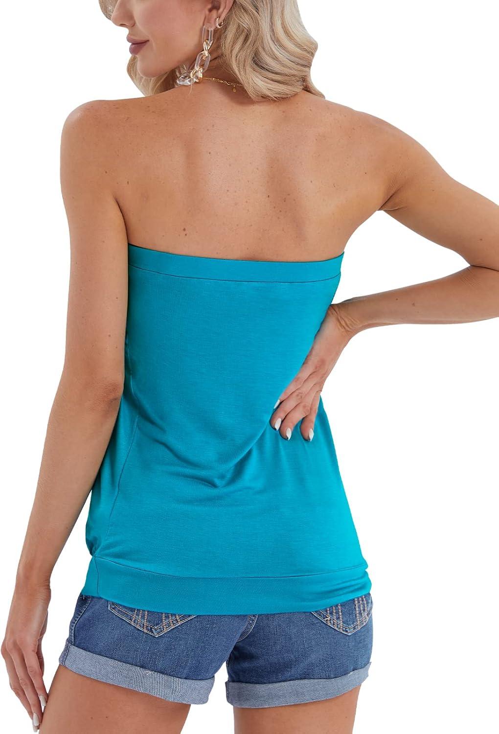 image:imageDJT Womens Tube Tops Strapless Bandeau Tank Strapless Blouse Off The Shoulder Tunic Shirts Summer CasualAquamarine