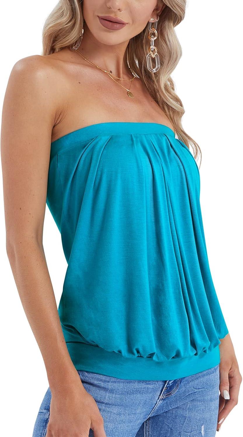 image:imageDJT Womens Tube Tops Strapless Bandeau Tank Strapless Blouse Off The Shoulder Tunic Shirts Summer CasualAquamarine