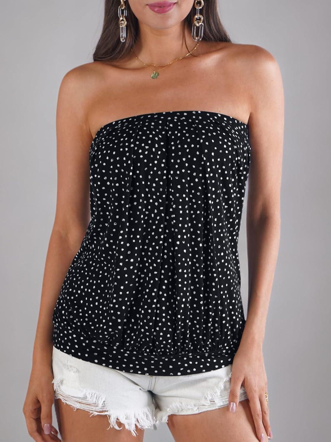 image:imageDJT Womens Tube Tops Strapless Bandeau Tank Strapless Blouse Off The Shoulder Tunic Shirts Summer CasualBlack Polka Dots
