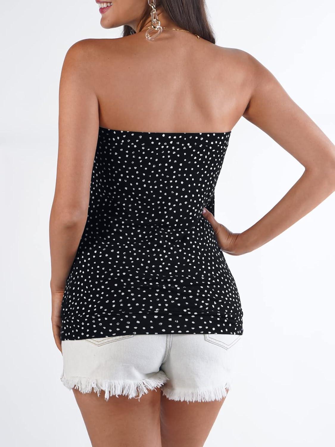 image:imageDJT Womens Tube Tops Strapless Bandeau Tank Strapless Blouse Off The Shoulder Tunic Shirts Summer CasualBlack Polka Dots