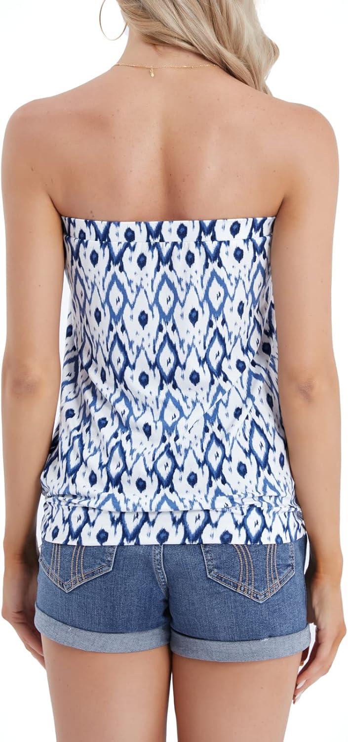 image:imageDJT Womens Tube Tops Strapless Bandeau Tank Strapless Blouse Off The Shoulder Tunic Shirts Summer CasualBlue Geometric
