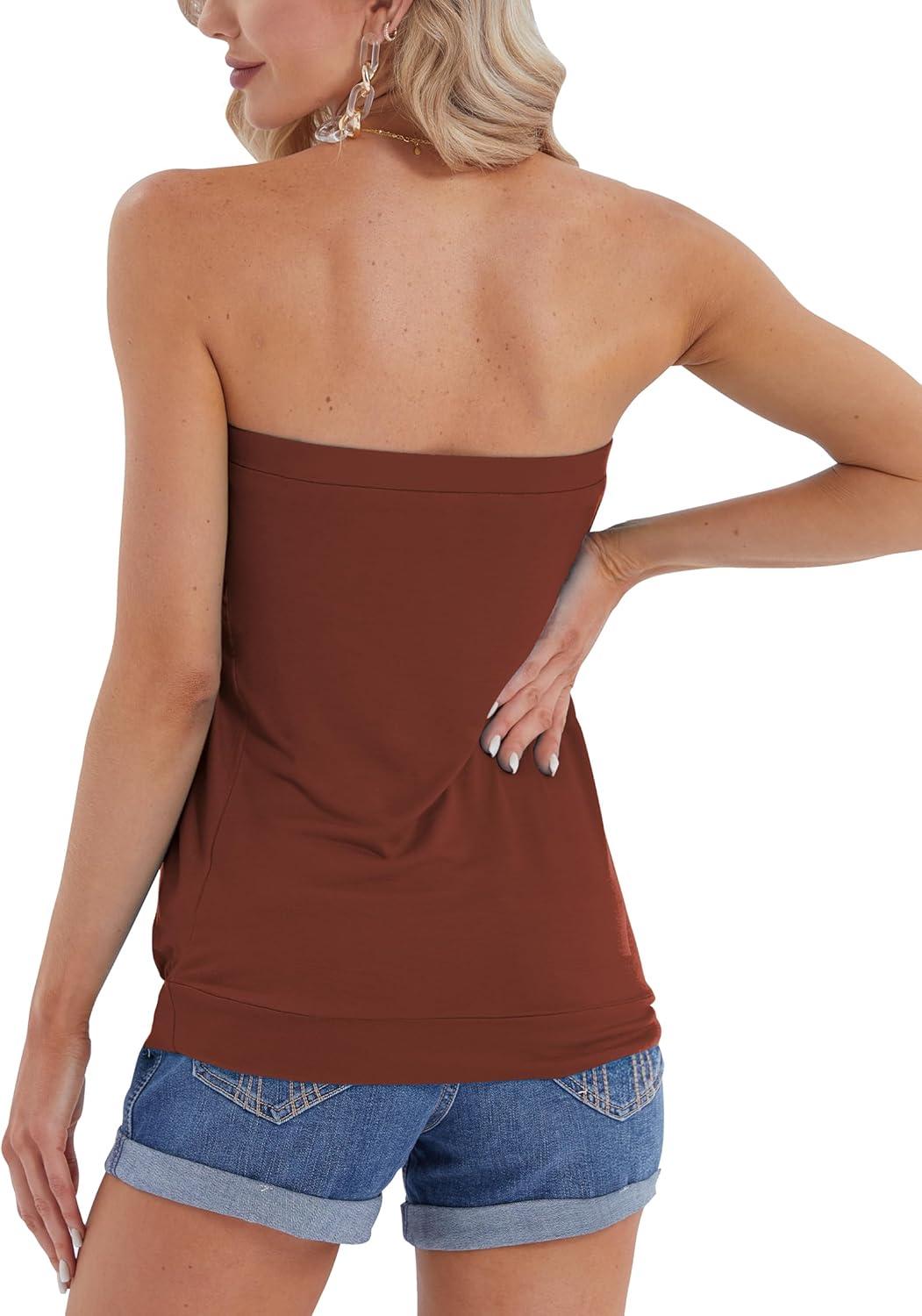 image:imageDJT Womens Tube Tops Strapless Bandeau Tank Strapless Blouse Off The Shoulder Tunic Shirts Summer CasualBrown