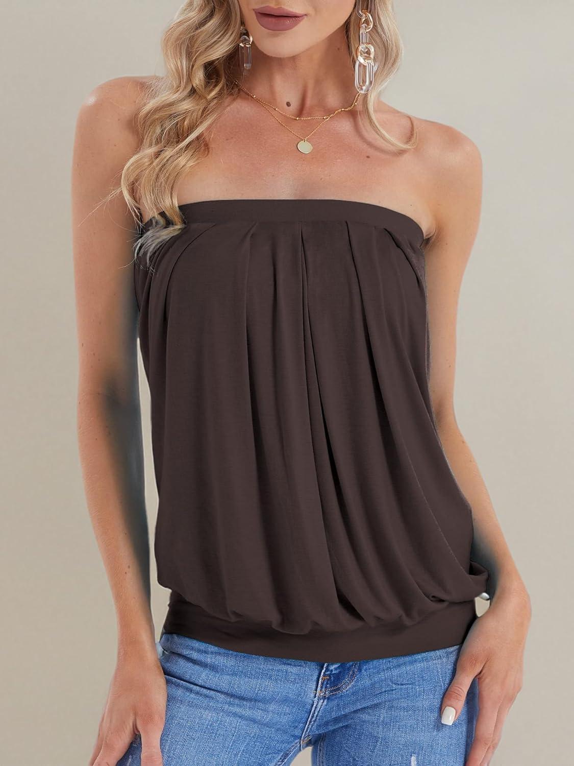 image:imageDJT Womens Tube Tops Strapless Bandeau Tank Strapless Blouse Off The Shoulder Tunic Shirts Summer CasualCoffee