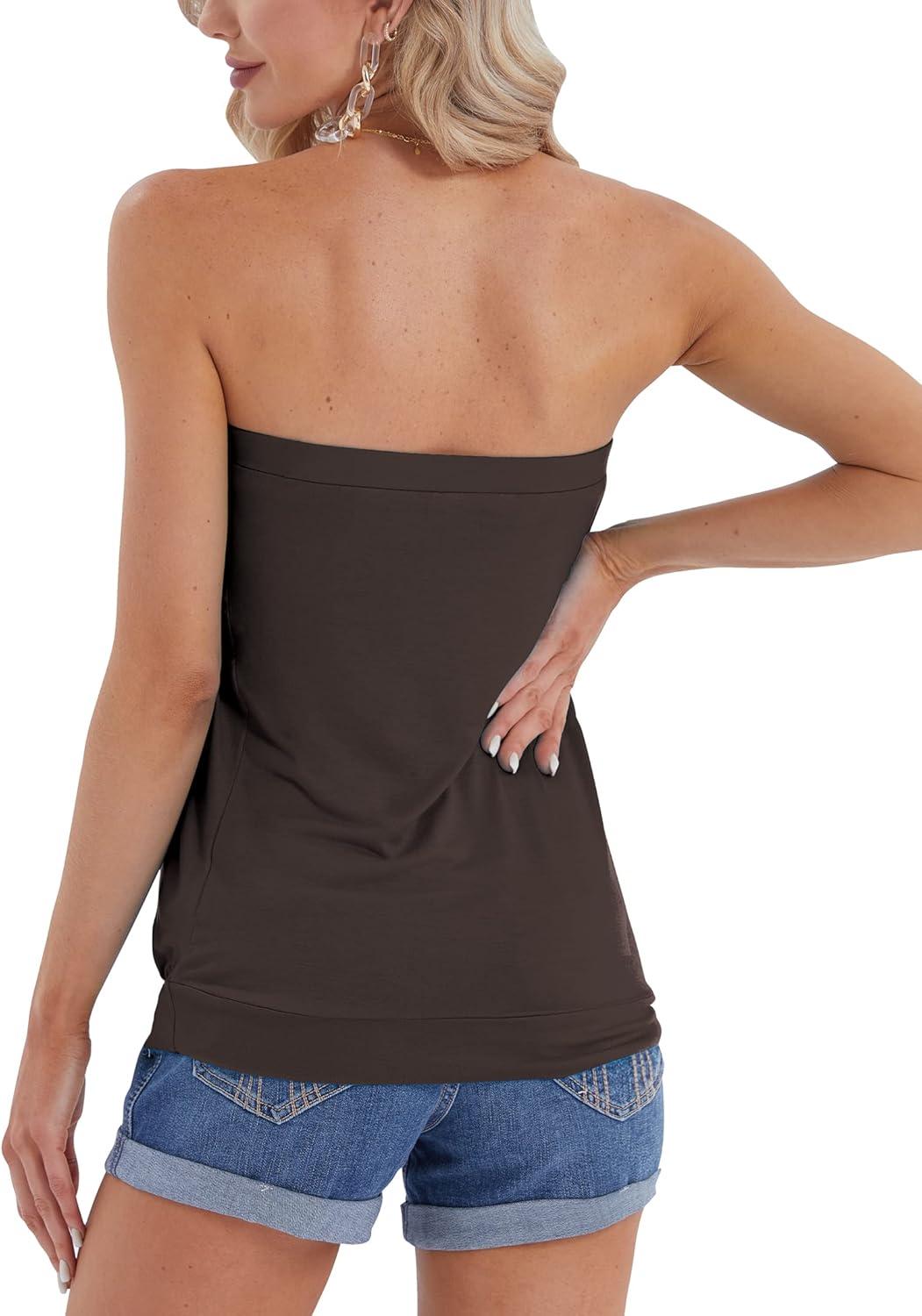 image:imageDJT Womens Tube Tops Strapless Bandeau Tank Strapless Blouse Off The Shoulder Tunic Shirts Summer CasualCoffee