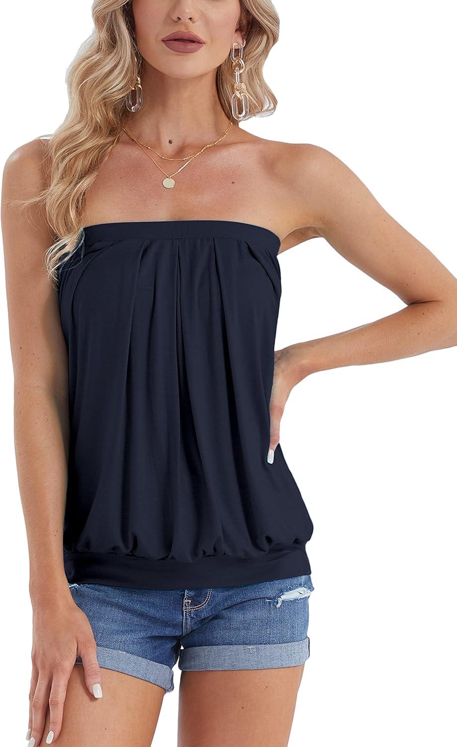 image:imageDJT Womens Tube Tops Strapless Bandeau Tank Strapless Blouse Off The Shoulder Tunic Shirts Summer CasualNavy