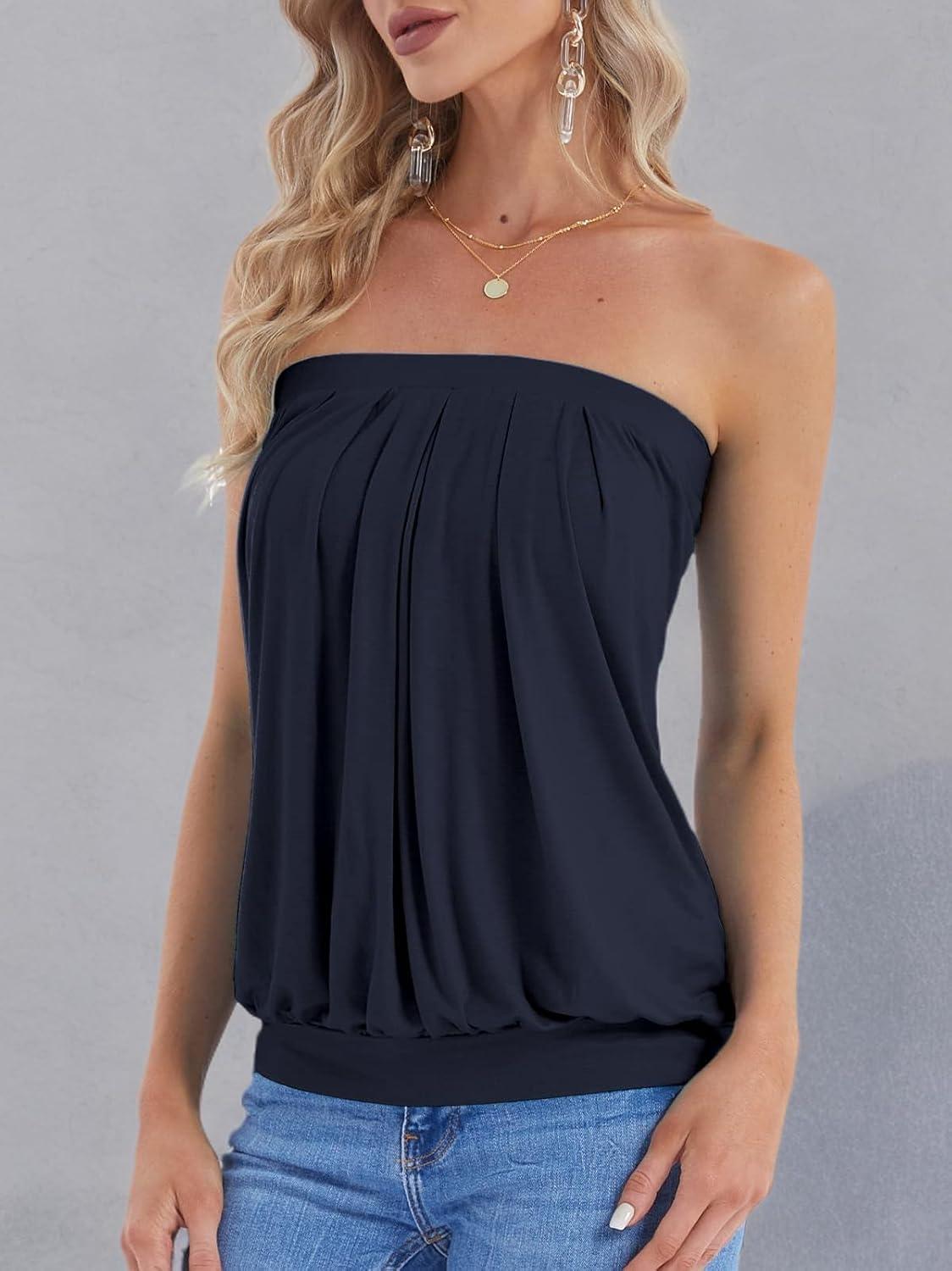 image:imageDJT Womens Tube Tops Strapless Bandeau Tank Strapless Blouse Off The Shoulder Tunic Shirts Summer CasualNavy