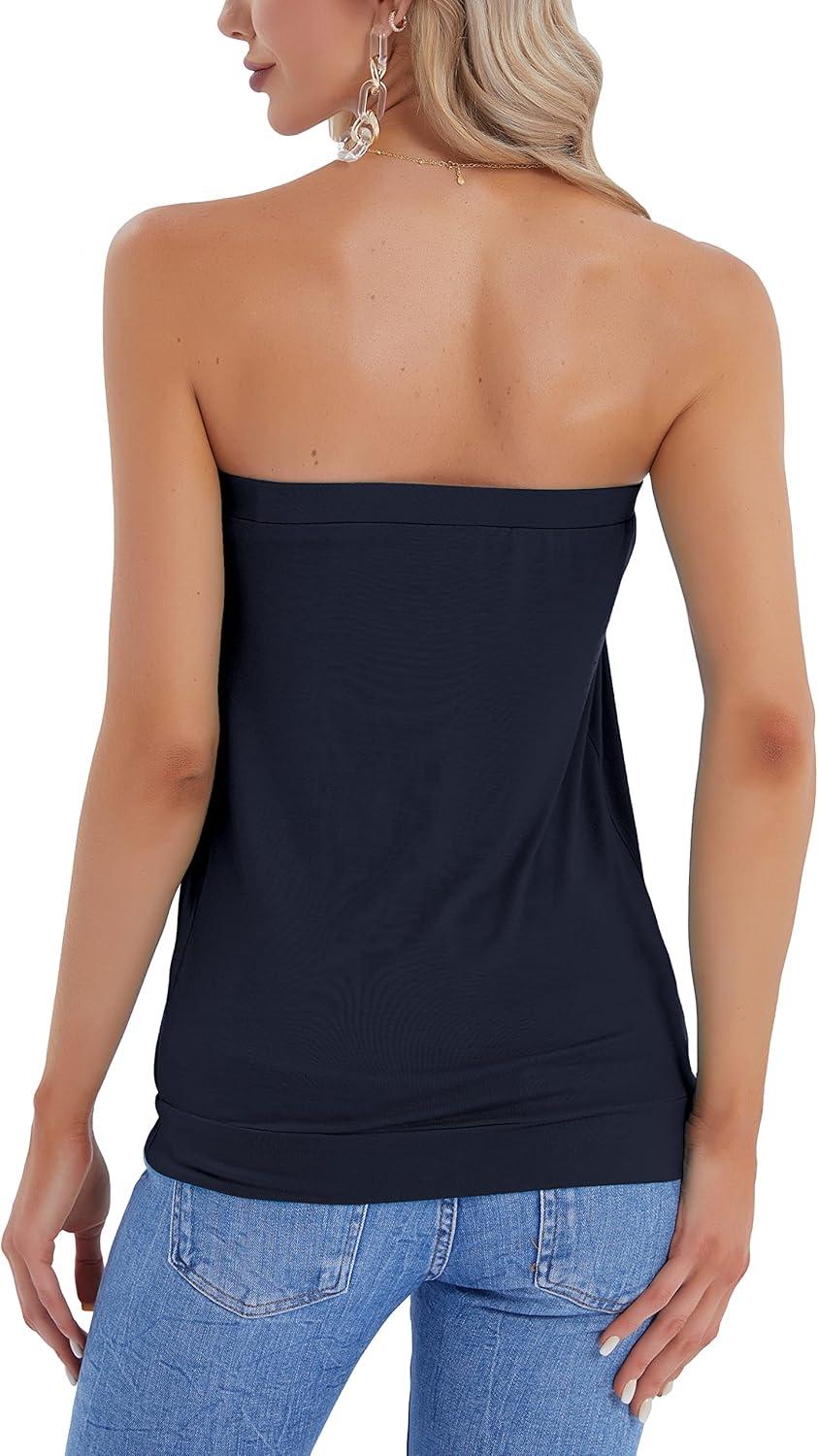 image:imageDJT Womens Tube Tops Strapless Bandeau Tank Strapless Blouse Off The Shoulder Tunic Shirts Summer CasualNavy
