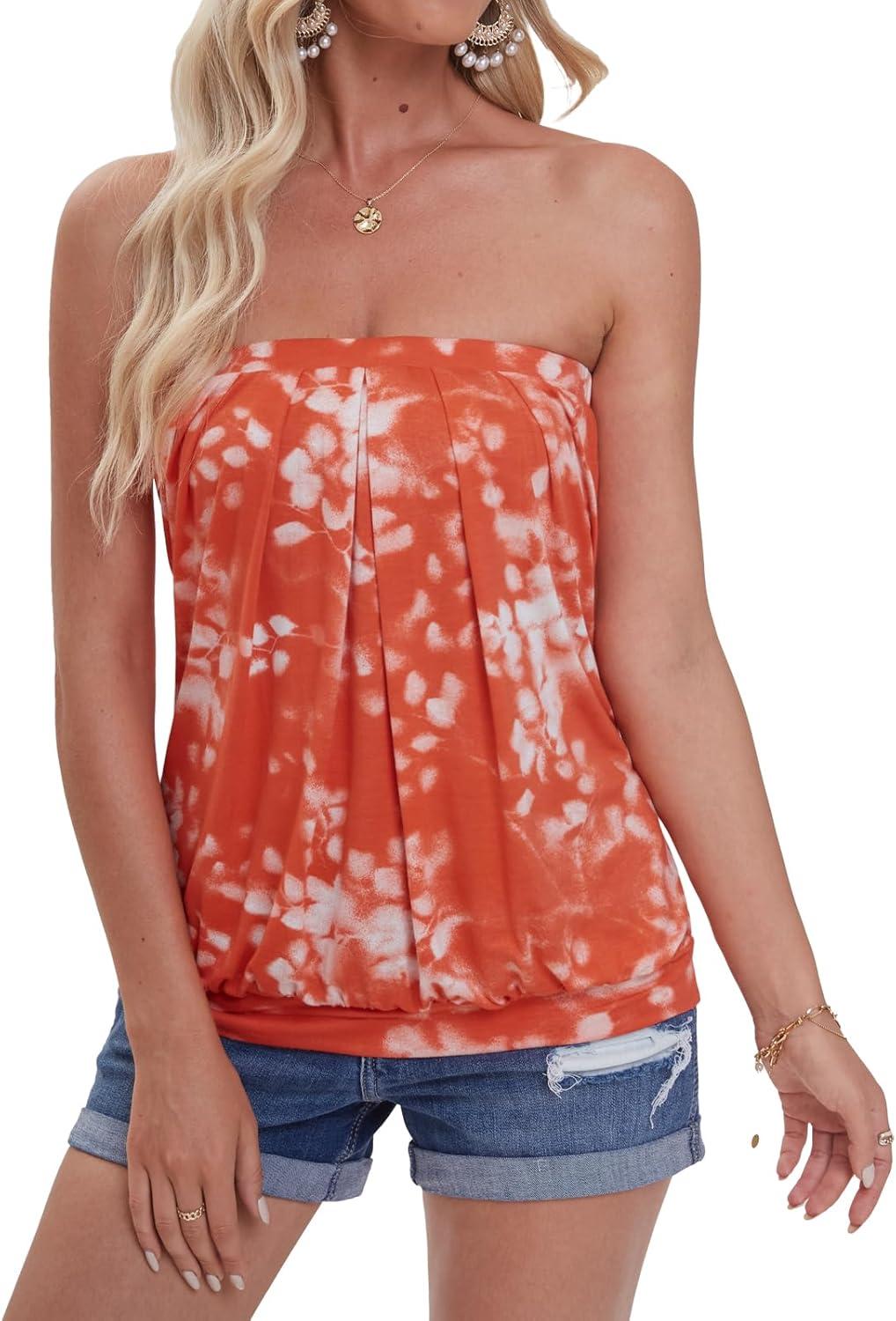 image:imageDJT Womens Tube Tops Strapless Bandeau Tank Strapless Blouse Off The Shoulder Tunic Shirts Summer CasualOrange Print