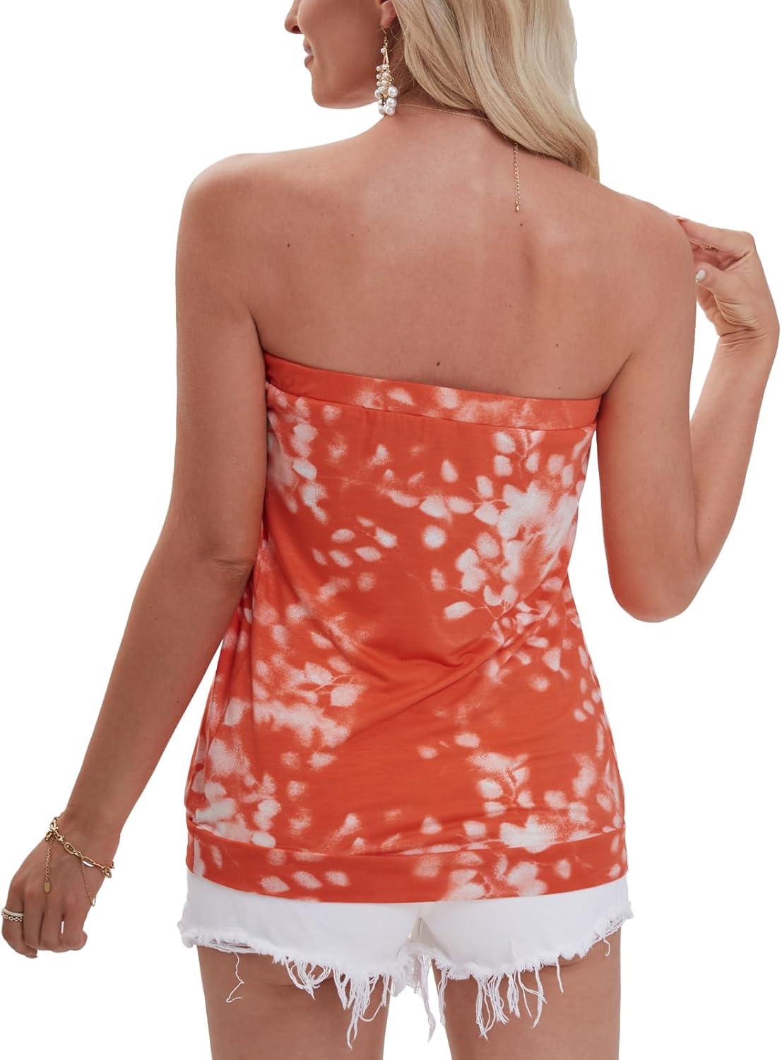 image:imageDJT Womens Tube Tops Strapless Bandeau Tank Strapless Blouse Off The Shoulder Tunic Shirts Summer CasualOrange Print