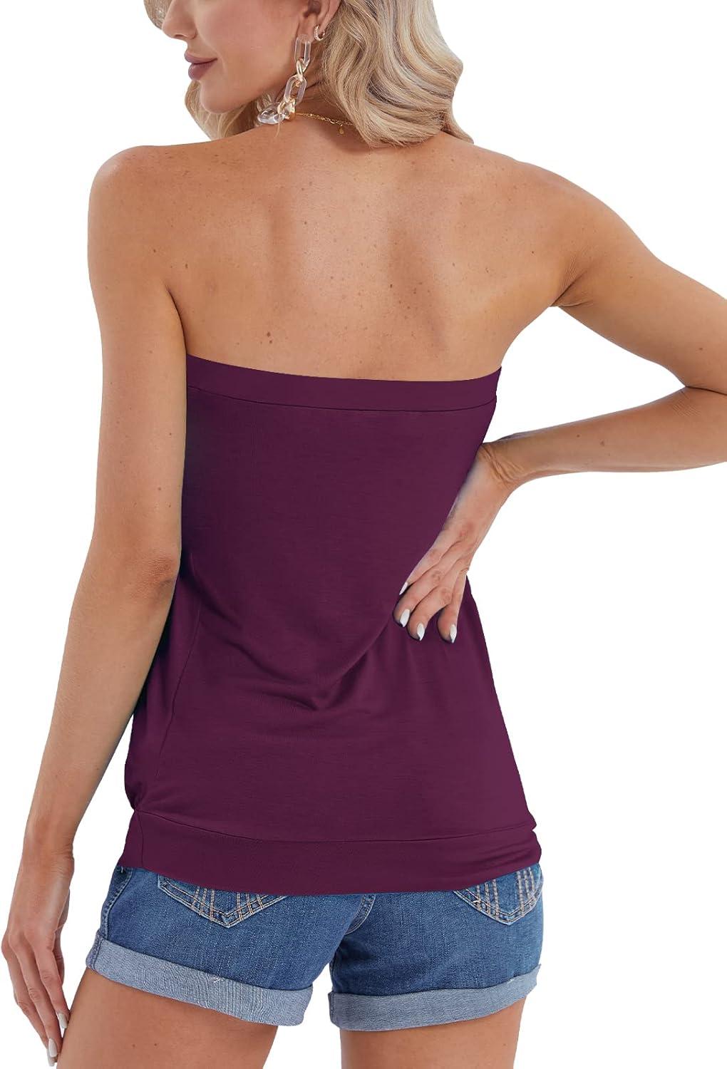 image:imageDJT Womens Tube Tops Strapless Bandeau Tank Strapless Blouse Off The Shoulder Tunic Shirts Summer CasualPurplish Red