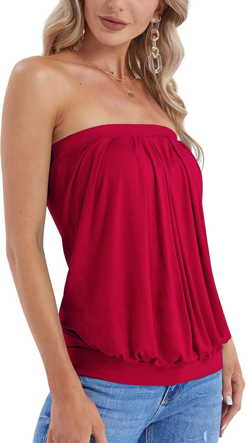 image:imageDJT Womens Tube Tops Strapless Bandeau Tank Strapless Blouse Off The Shoulder Tunic Shirts Summer CasualRed
