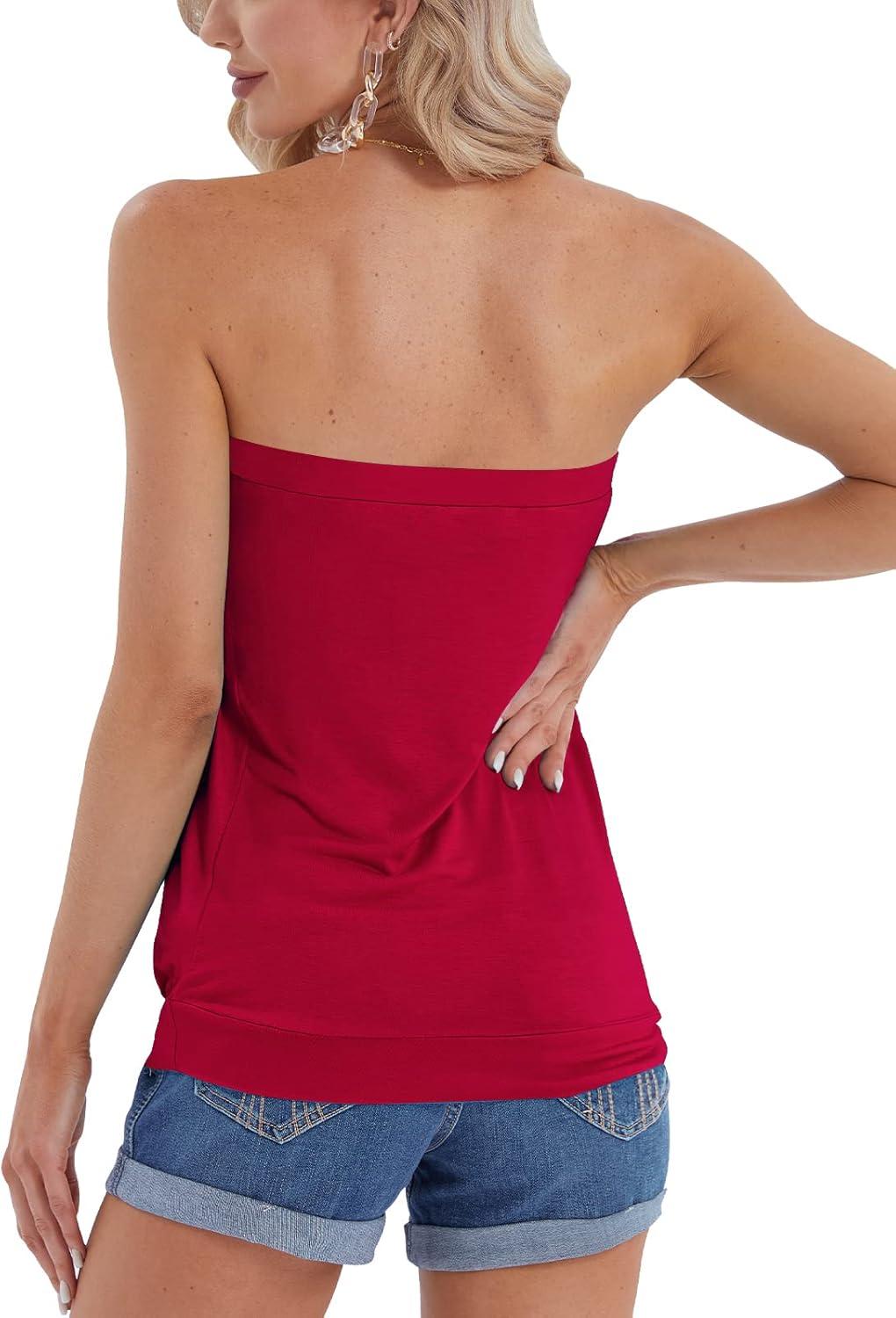 image:imageDJT Womens Tube Tops Strapless Bandeau Tank Strapless Blouse Off The Shoulder Tunic Shirts Summer CasualRed