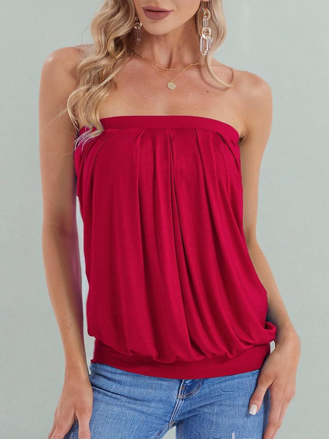 image:imageDJT Womens Tube Tops Strapless Bandeau Tank Strapless Blouse Off The Shoulder Tunic Shirts Summer CasualRed