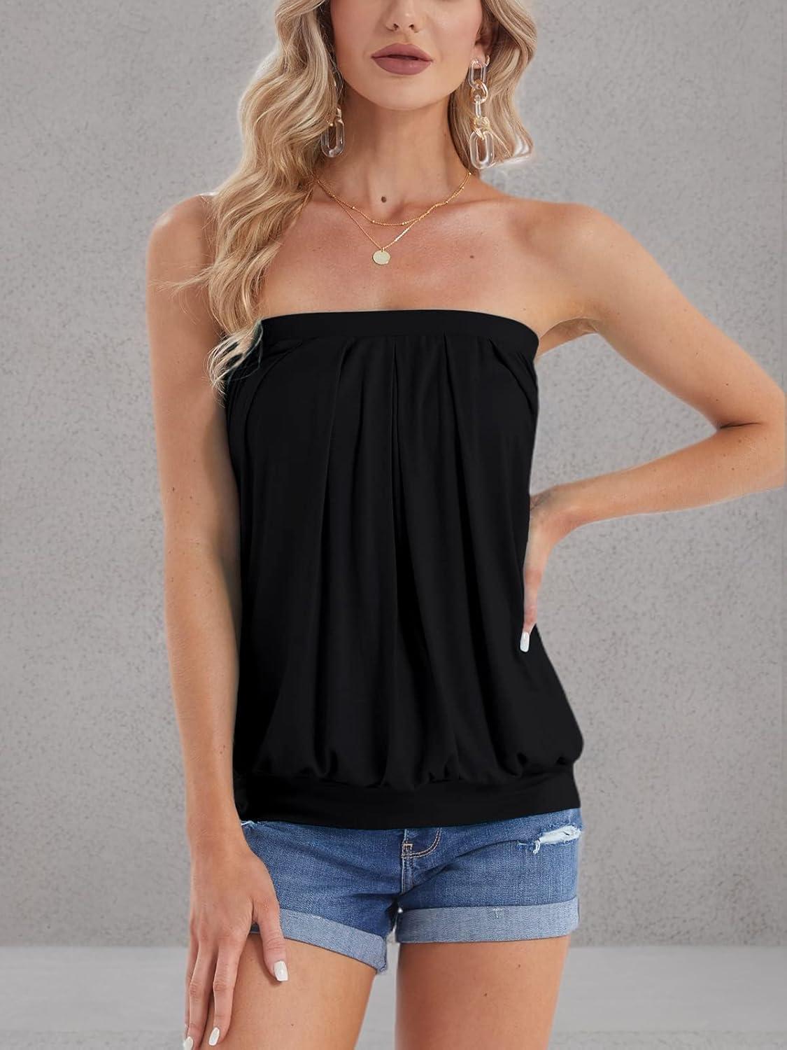 image:imageDJT Womens Tube Tops Strapless Bandeau Tank Strapless Blouse Off The Shoulder Tunic Shirts Summer CasualSolidblack