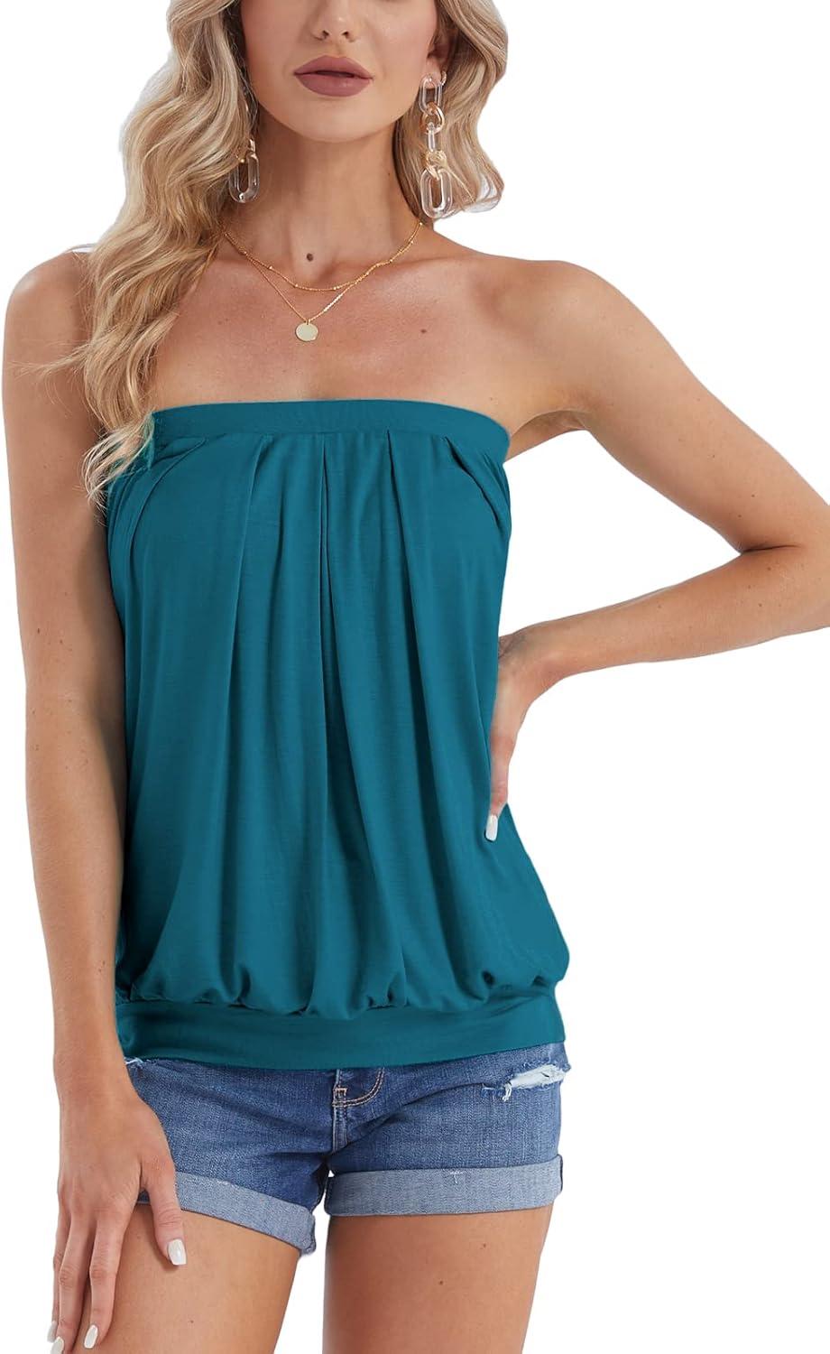 image:imageDJT Womens Tube Tops Strapless Bandeau Tank Strapless Blouse Off The Shoulder Tunic Shirts Summer CasualTeal