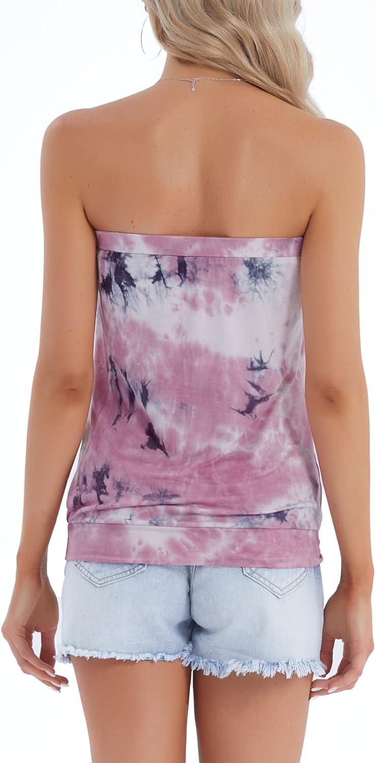 image:imageDJT Womens Tube Tops Strapless Bandeau Tank Strapless Blouse Off The Shoulder Tunic Shirts Summer CasualTie Dye Pink