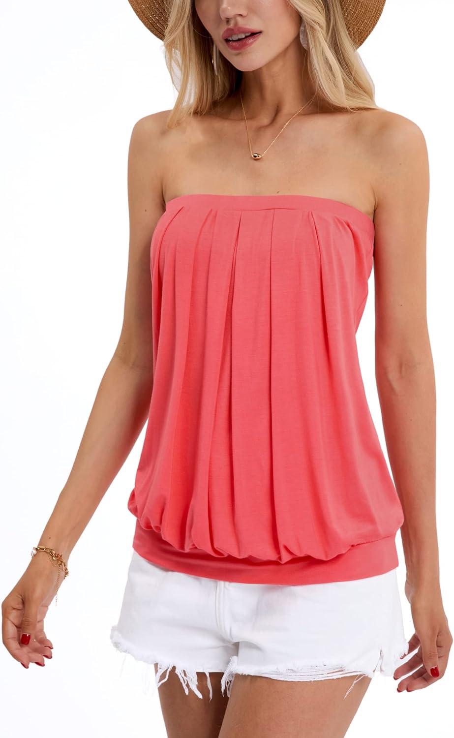 image:imageDJT Womens Tube Tops Strapless Bandeau Tank Strapless Blouse Off The Shoulder Tunic Shirts Summer CasualWatermelon Red