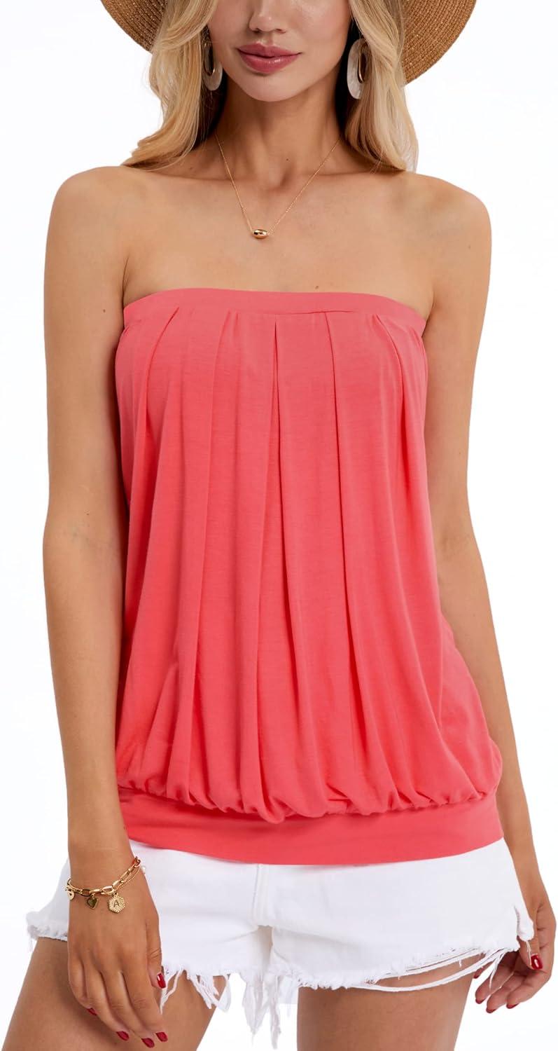 image:imageDJT Womens Tube Tops Strapless Bandeau Tank Strapless Blouse Off The Shoulder Tunic Shirts Summer CasualWatermelon Red