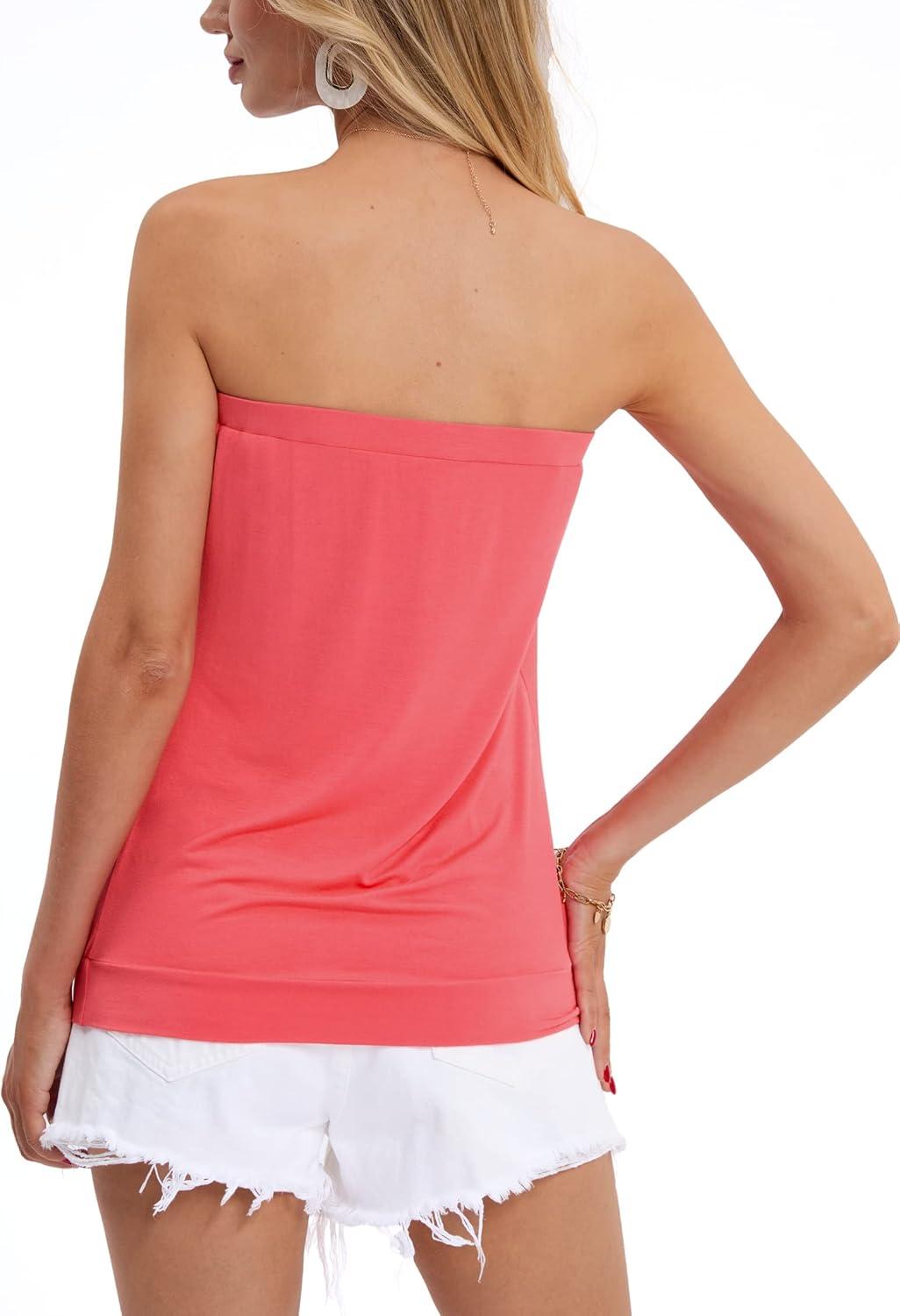 image:imageDJT Womens Tube Tops Strapless Bandeau Tank Strapless Blouse Off The Shoulder Tunic Shirts Summer CasualWatermelon Red
