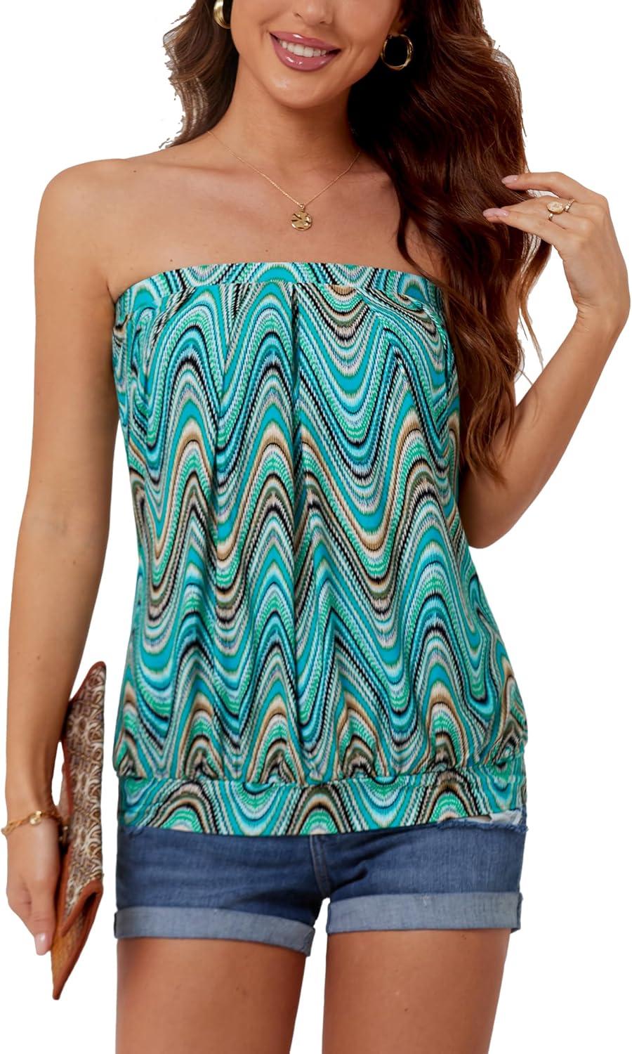 image:imageDJT Womens Tube Tops Strapless Bandeau Tank Strapless Blouse Off The Shoulder Tunic Shirts Summer CasualWaves Print