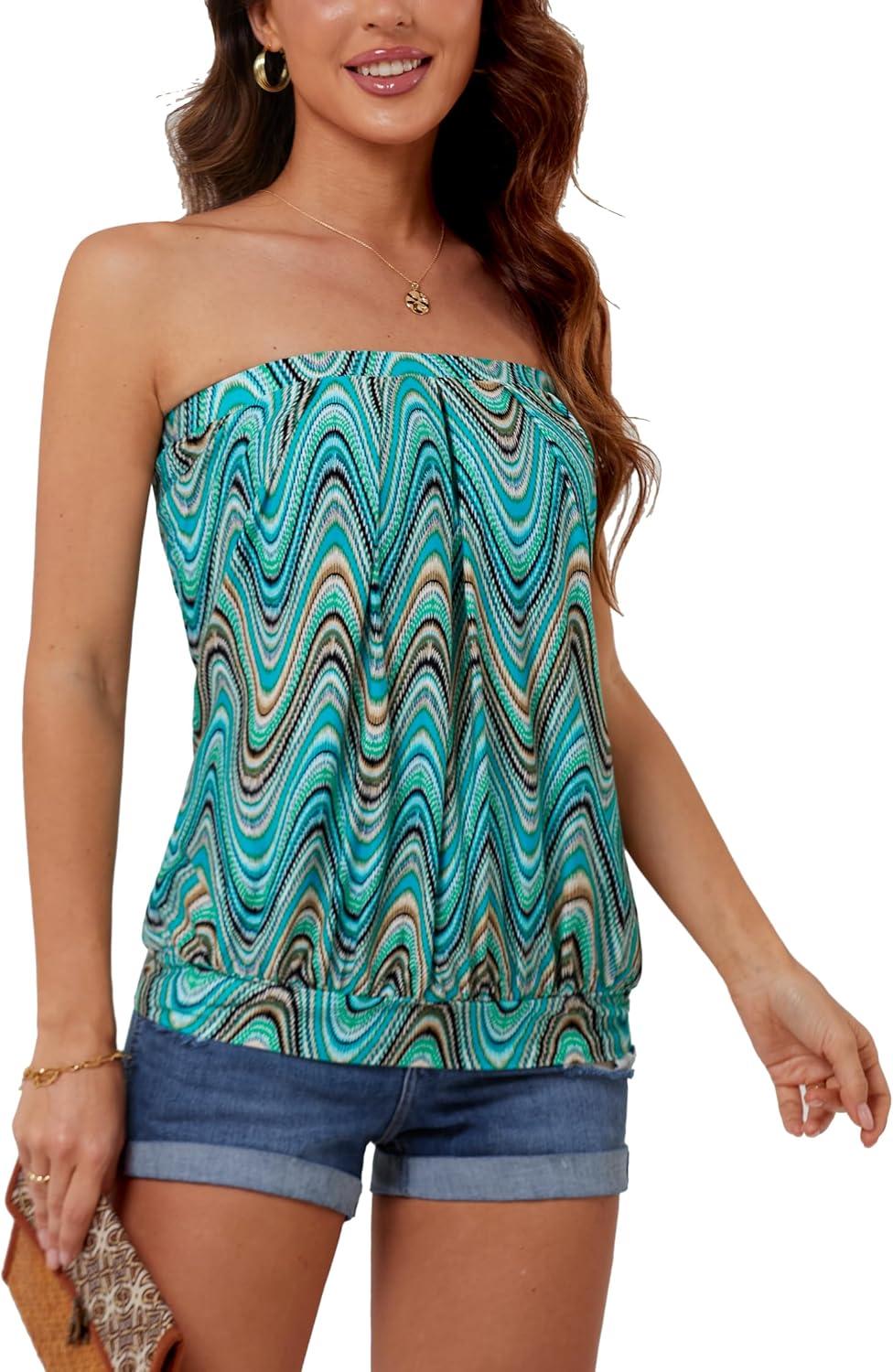 image:imageDJT Womens Tube Tops Strapless Bandeau Tank Strapless Blouse Off The Shoulder Tunic Shirts Summer CasualWaves Print