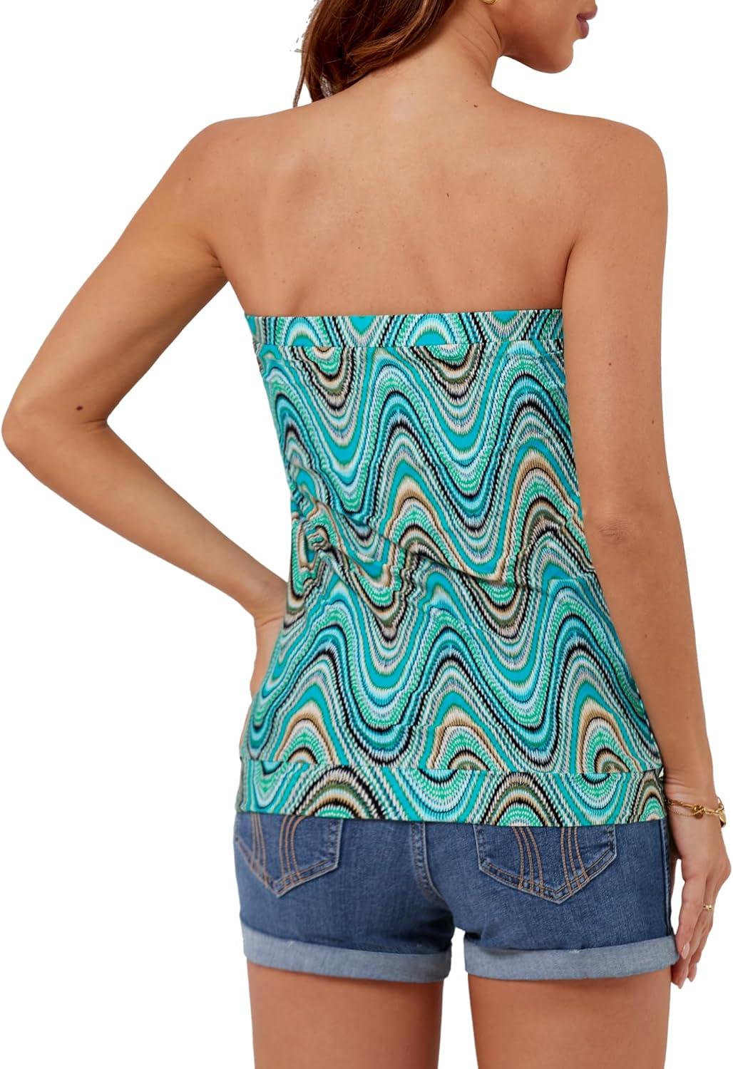image:imageDJT Womens Tube Tops Strapless Bandeau Tank Strapless Blouse Off The Shoulder Tunic Shirts Summer CasualWaves Print