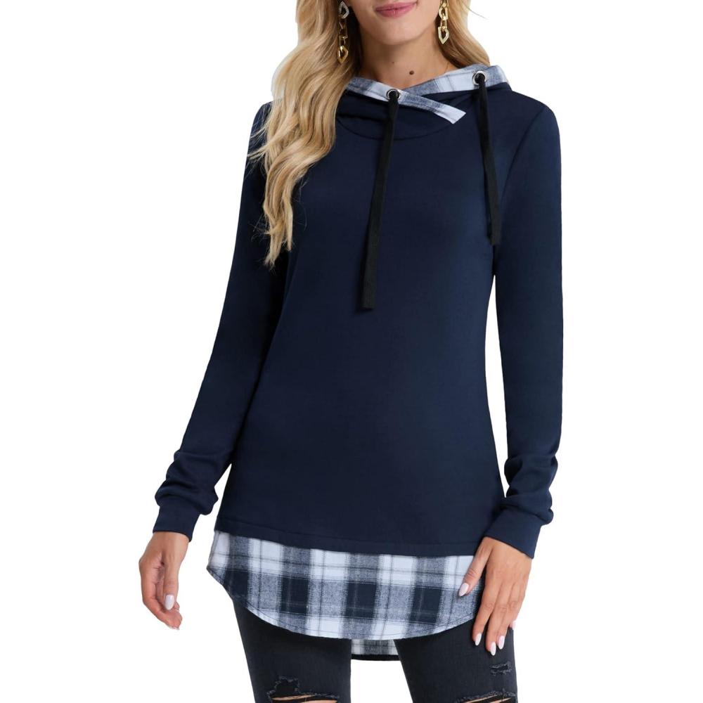 image:imageDJT Womens Funnel Neck Checkd Contrast Hooded Pullover Hoodie Top Y2K Clothes Fall Winter Outfit