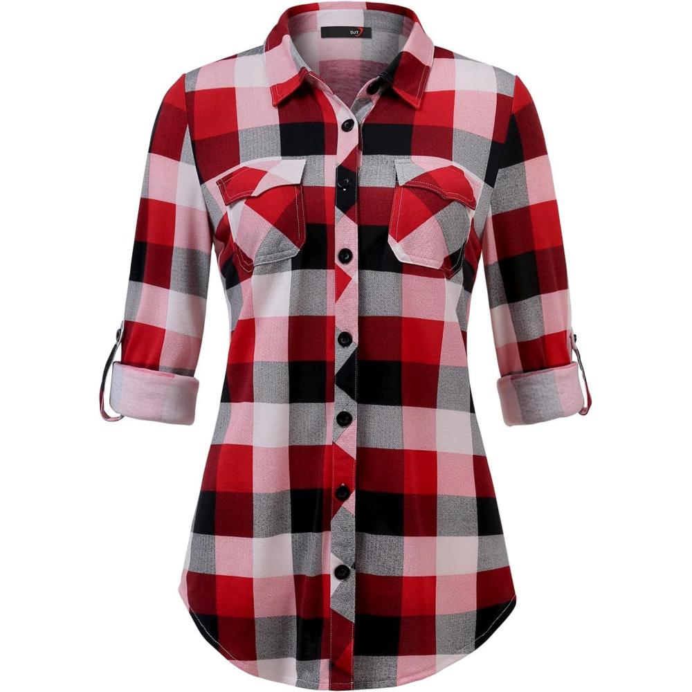 image:imageDJT Womens Soft Stretchy Knit Plaid Shirts Roll Up Long Sleeve Collared Button Down Blouses TopsBittersweet