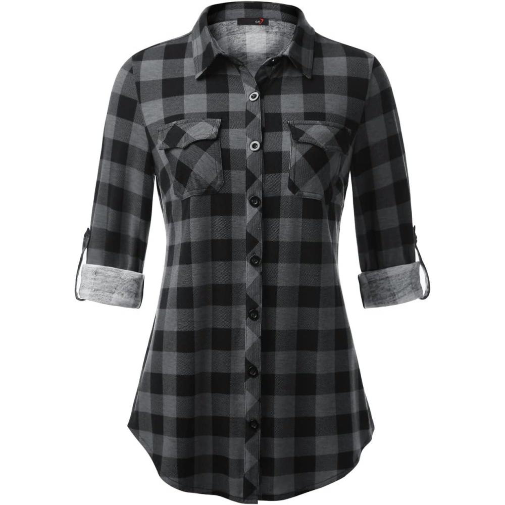 image:imageDJT Womens Soft Stretchy Knit Plaid Shirts Roll Up Long Sleeve Collared Button Down Blouses TopsBlack Plaid