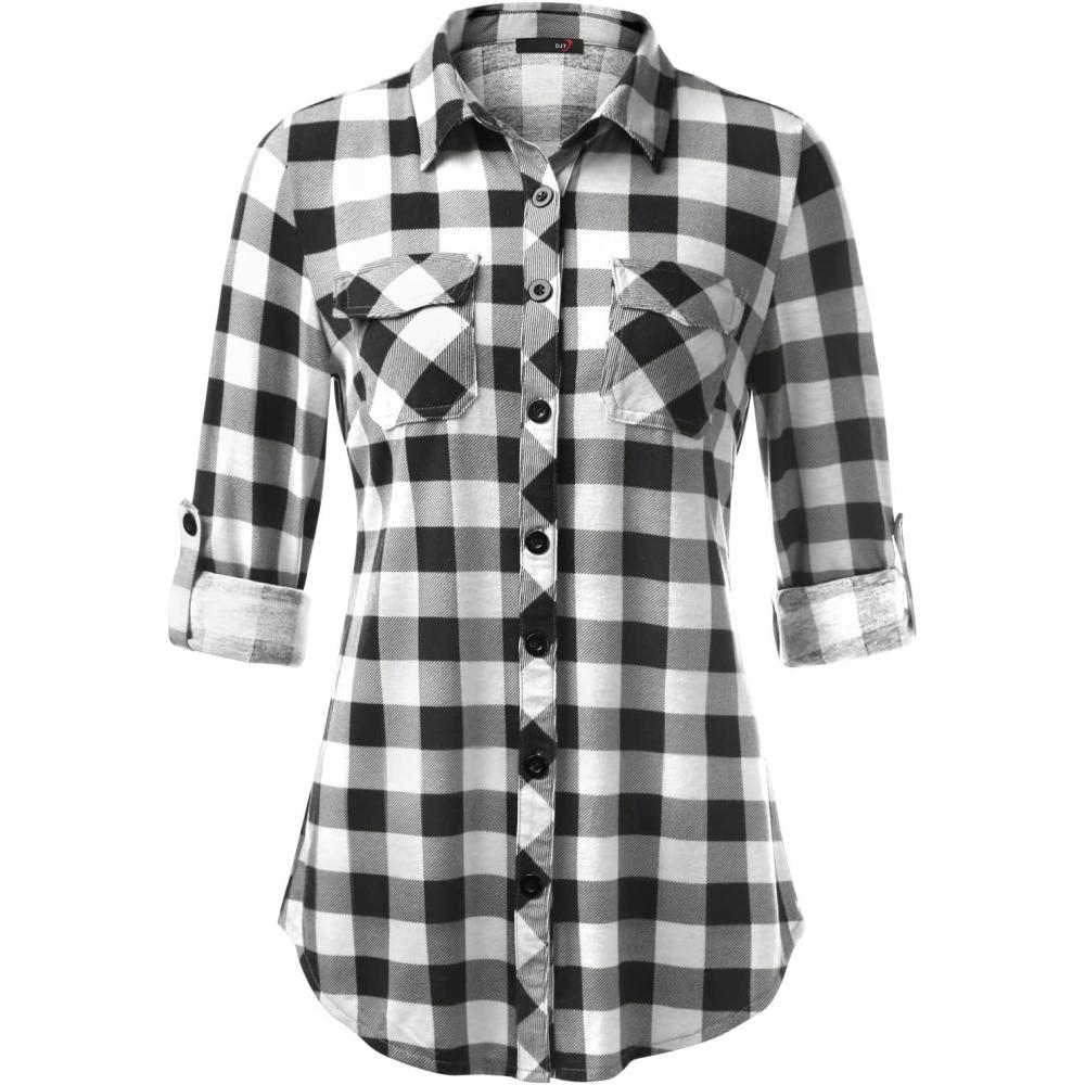 image:imageDJT Womens Soft Stretchy Knit Plaid Shirts Roll Up Long Sleeve Collared Button Down Blouses TopsBlackwhite