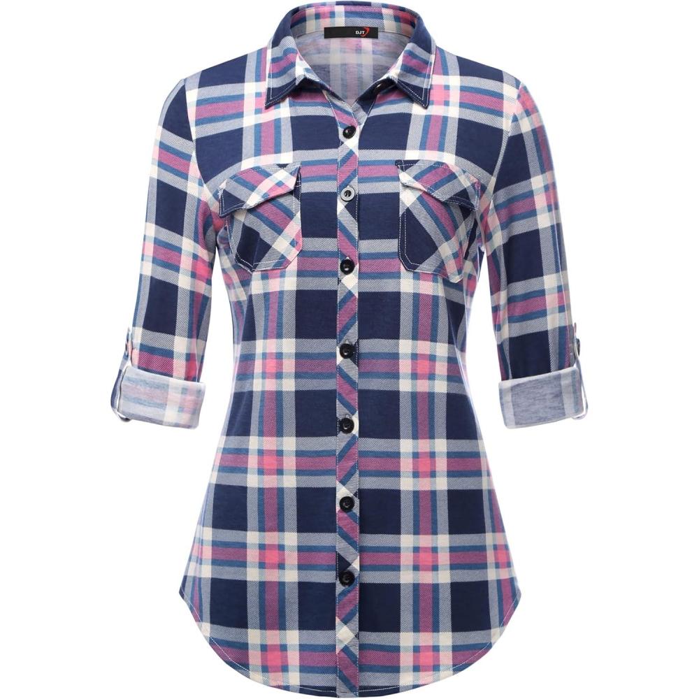 image:imageDJT Womens Soft Stretchy Knit Plaid Shirts Roll Up Long Sleeve Collared Button Down Blouses TopsBluepink