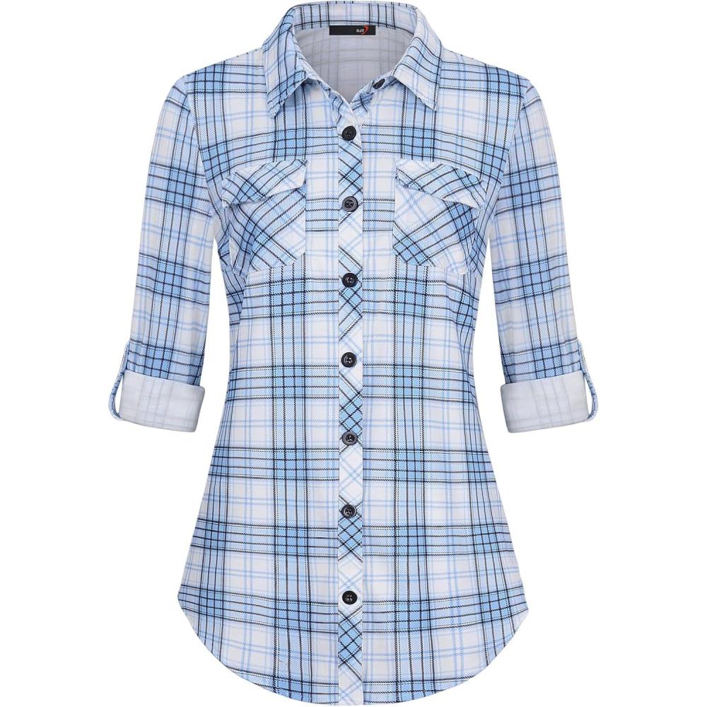 image:imageDJT Womens Soft Stretchy Knit Plaid Shirts Roll Up Long Sleeve Collared Button Down Blouses TopsBluewhite