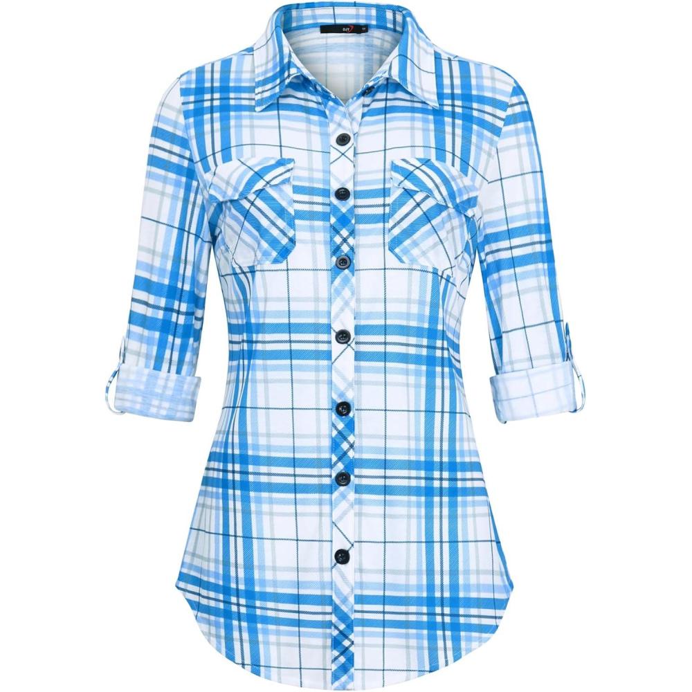 image:imageDJT Womens Soft Stretchy Knit Plaid Shirts Roll Up Long Sleeve Collared Button Down Blouses TopsBluewhite Plaid