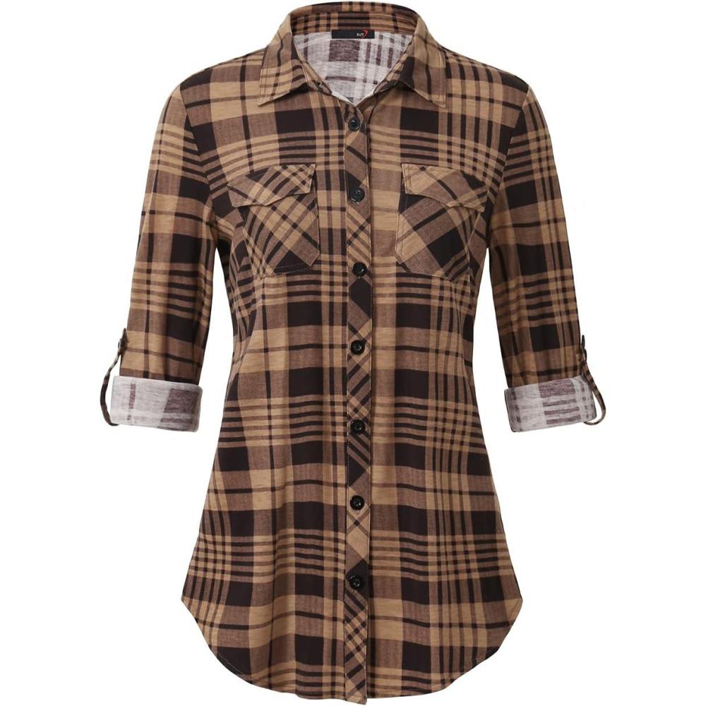 image:imageDJT Womens Soft Stretchy Knit Plaid Shirts Roll Up Long Sleeve Collared Button Down Blouses TopsCoffee