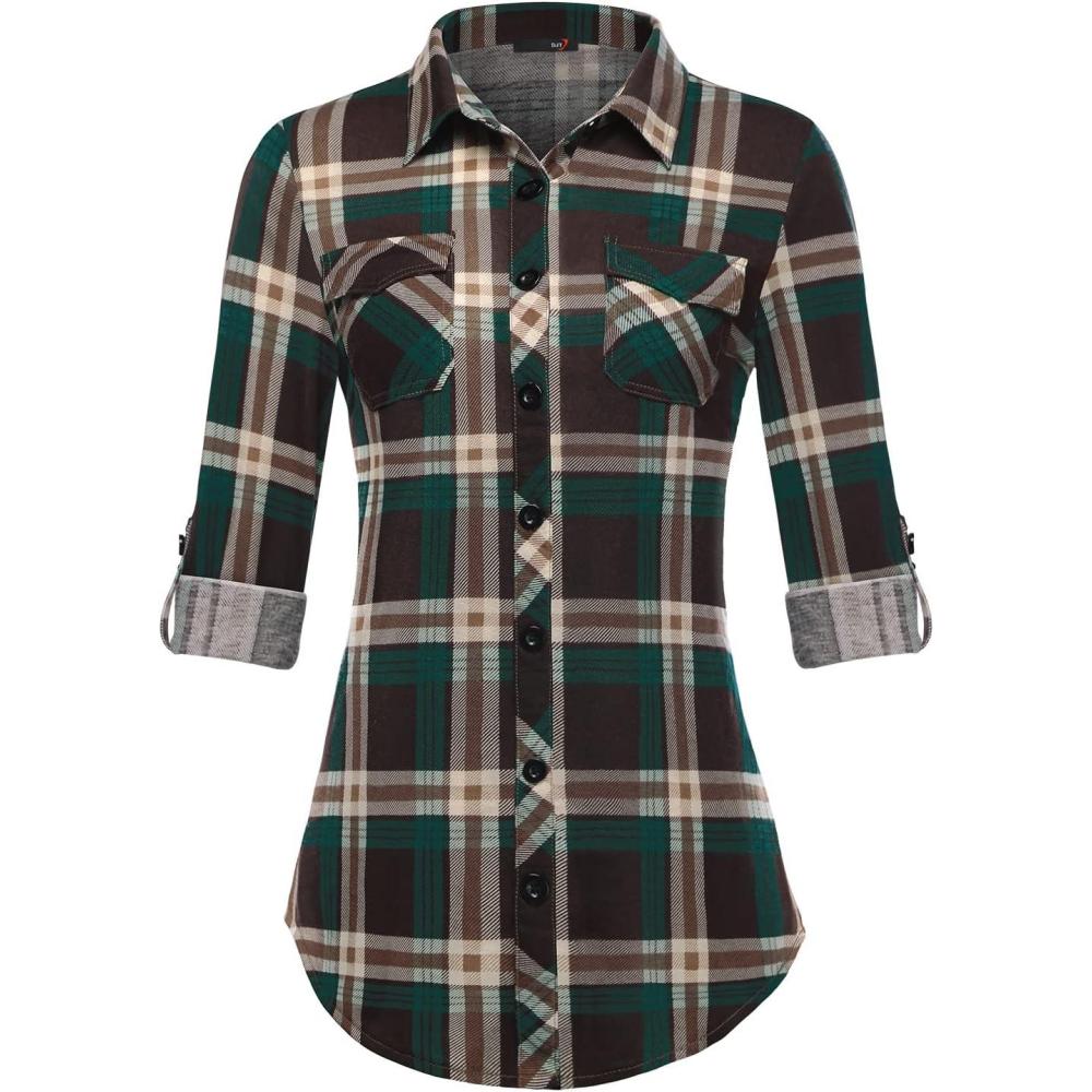 image:imageDJT Womens Soft Stretchy Knit Plaid Shirts Roll Up Long Sleeve Collared Button Down Blouses TopsCoffeegreen