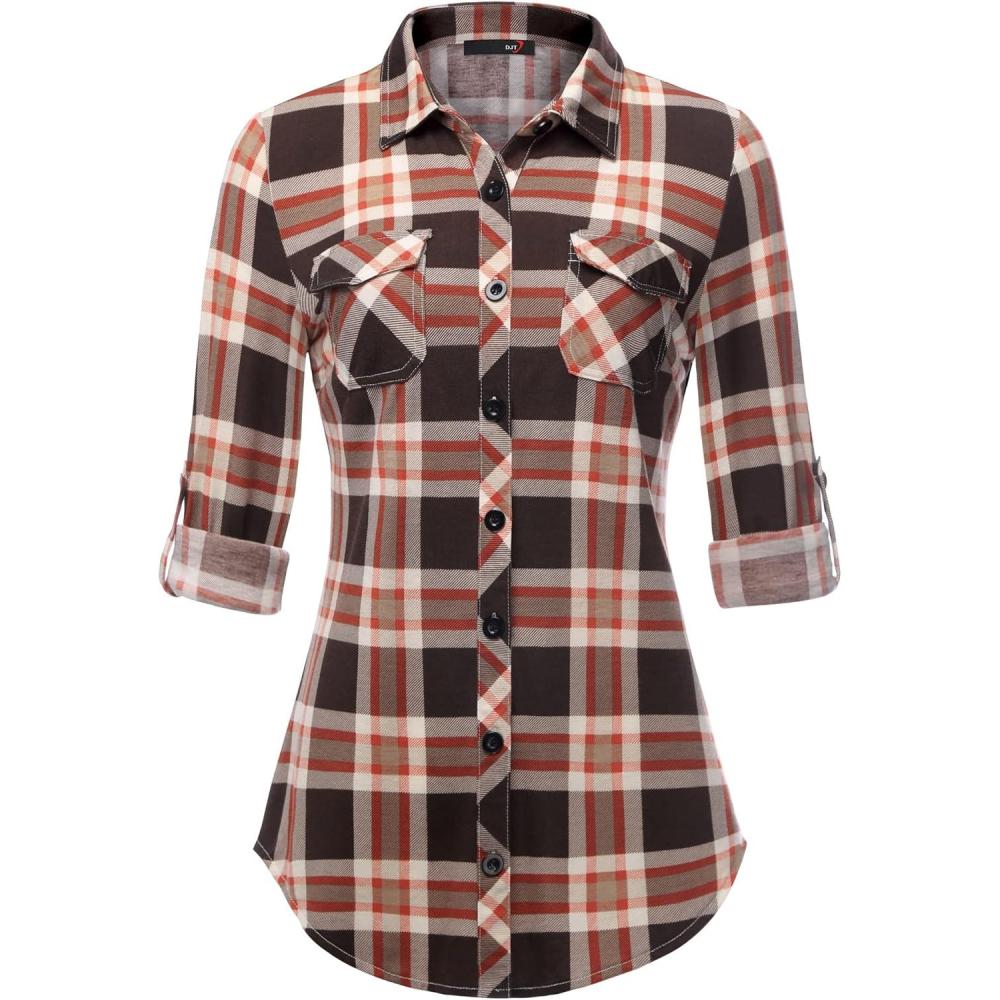 image:imageDJT Womens Soft Stretchy Knit Plaid Shirts Roll Up Long Sleeve Collared Button Down Blouses TopsDark Coffee