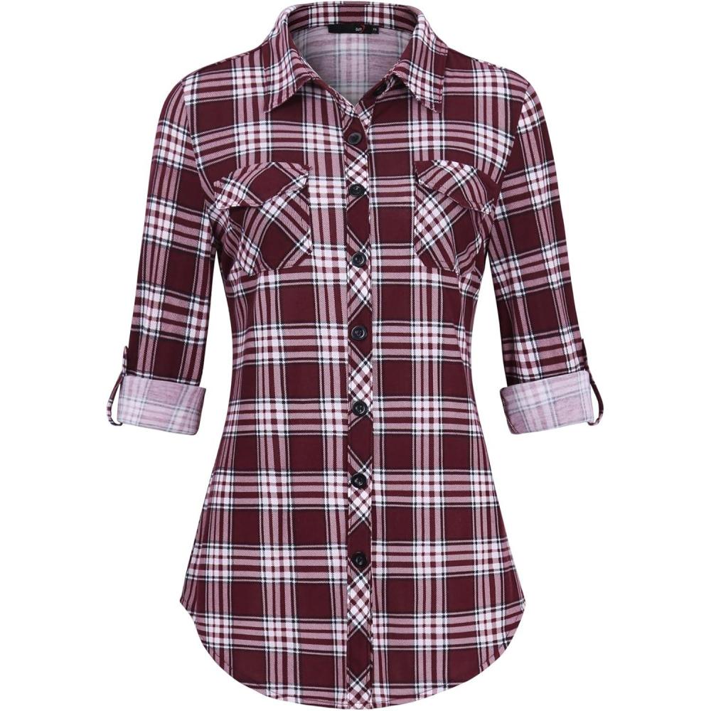 image:imageDJT Womens Soft Stretchy Knit Plaid Shirts Roll Up Long Sleeve Collared Button Down Blouses TopsDark Red