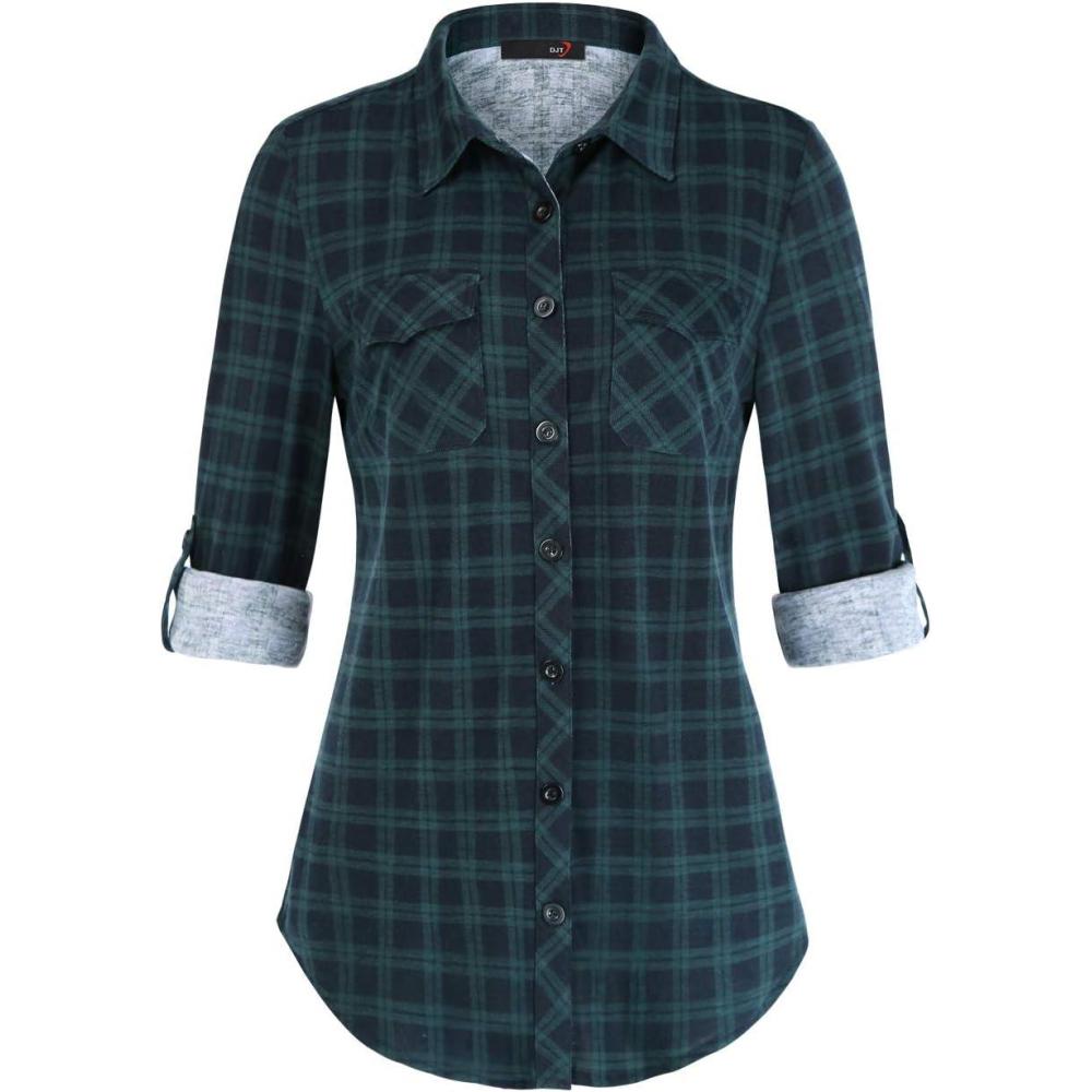 image:imageDJT Womens Soft Stretchy Knit Plaid Shirts Roll Up Long Sleeve Collared Button Down Blouses TopsGreen Pattern