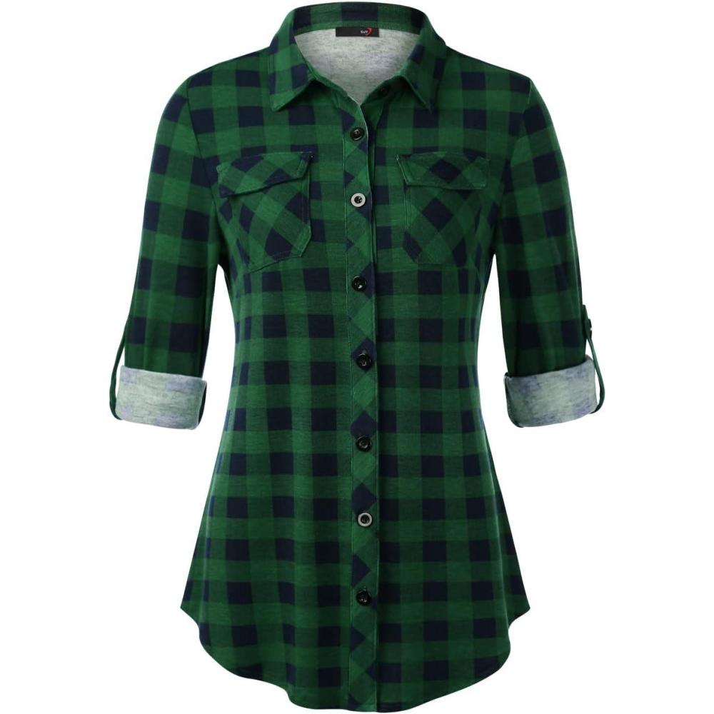 image:imageDJT Womens Soft Stretchy Knit Plaid Shirts Roll Up Long Sleeve Collared Button Down Blouses TopsGreen Plaid