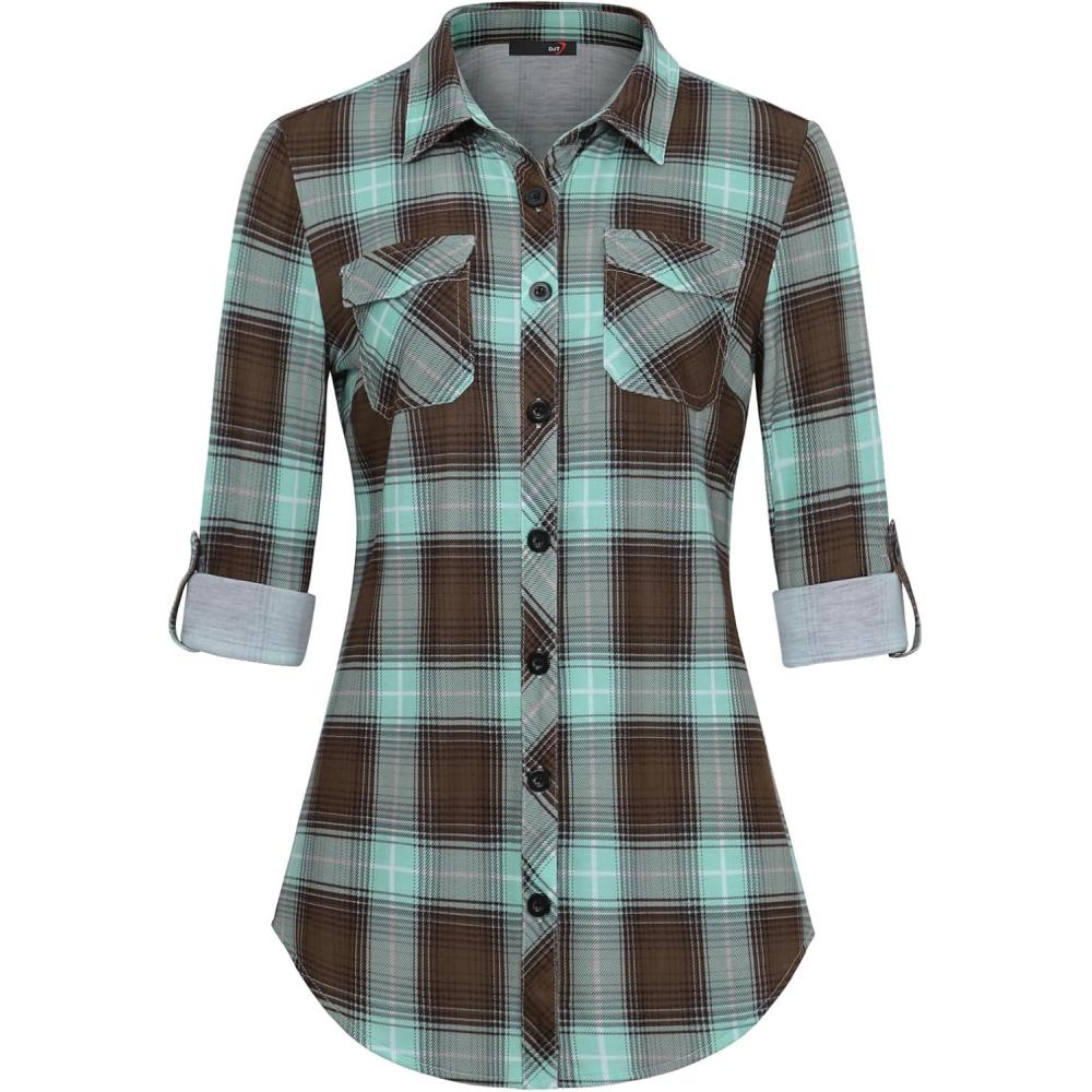 image:imageDJT Womens Soft Stretchy Knit Plaid Shirts Roll Up Long Sleeve Collared Button Down Blouses TopsGreenbrown