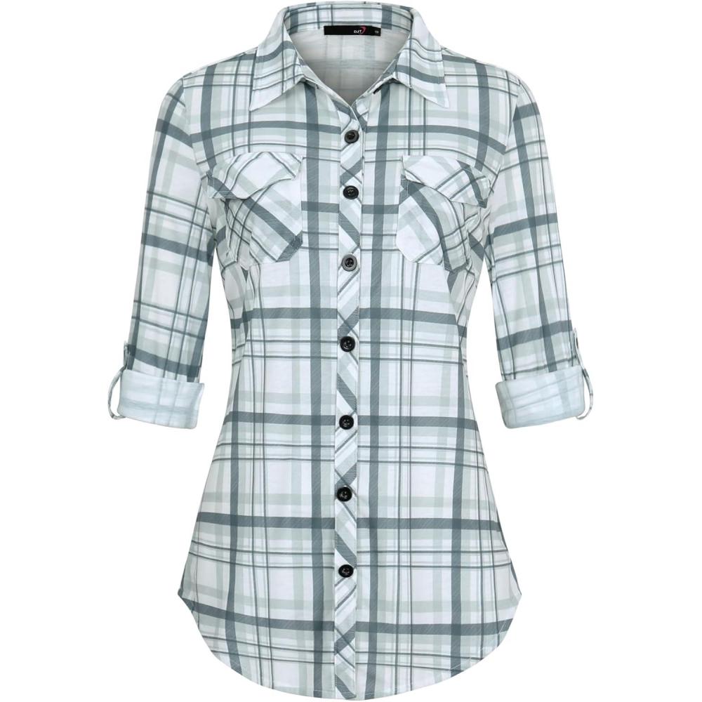 image:imageDJT Womens Soft Stretchy Knit Plaid Shirts Roll Up Long Sleeve Collared Button Down Blouses TopsGreygreen Plaid